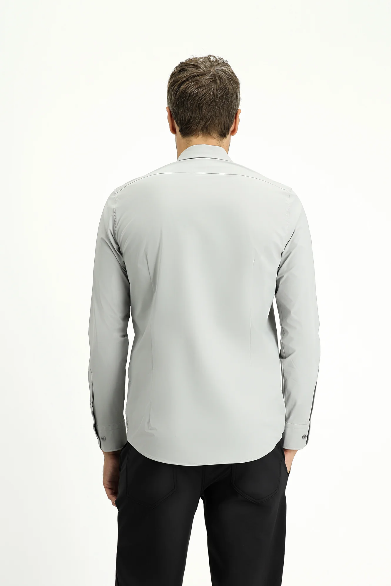 Açık Gri Techno-Line Uzun Kol Slim Fit Dar Kesim Likralı Gömlek - Image 4