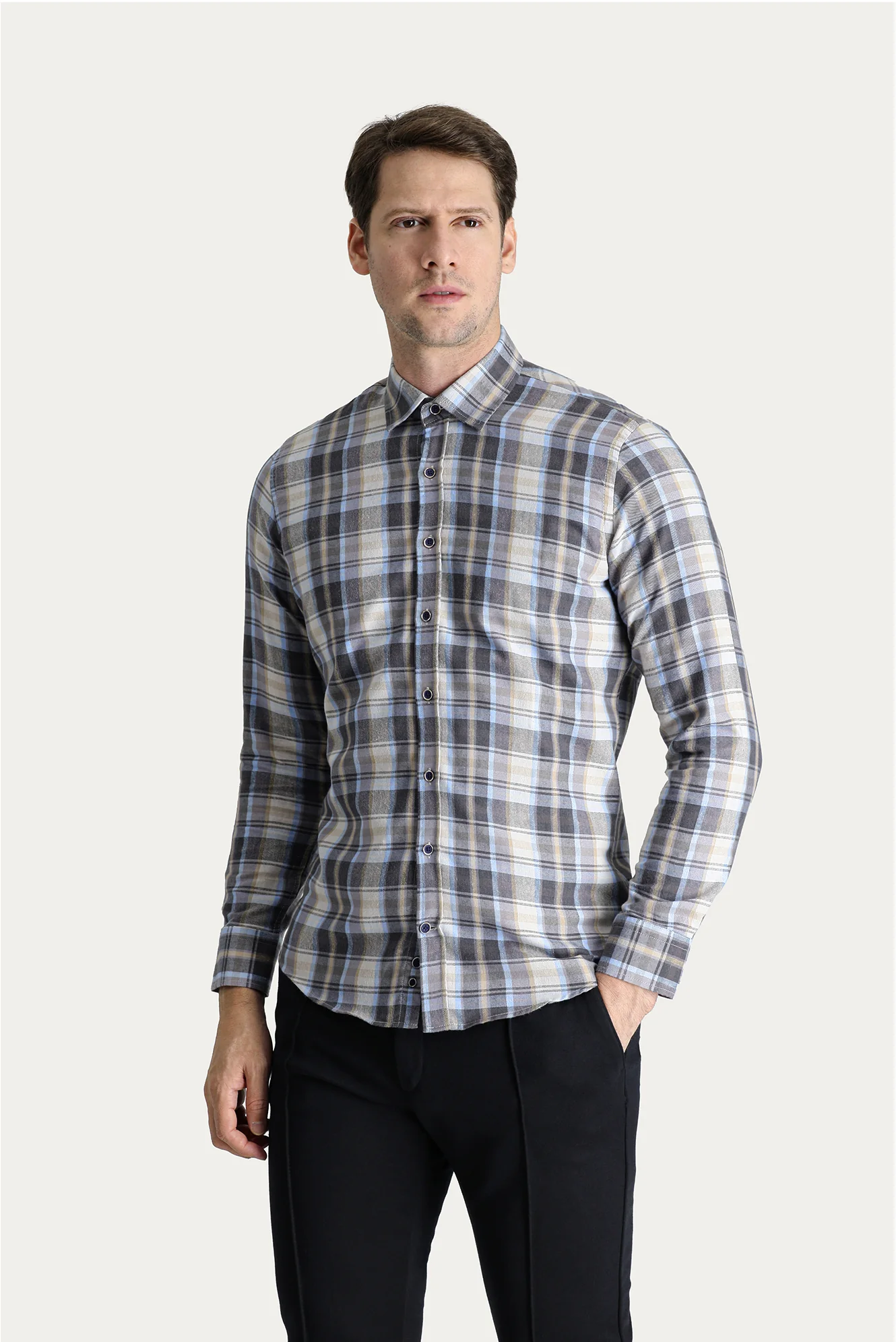 Açık Gri Uzun Kol Slim Fit Dar Kesim Ekose Oduncu Pamuklu Kolay Ütülenebilir Gömlek - Image 3
