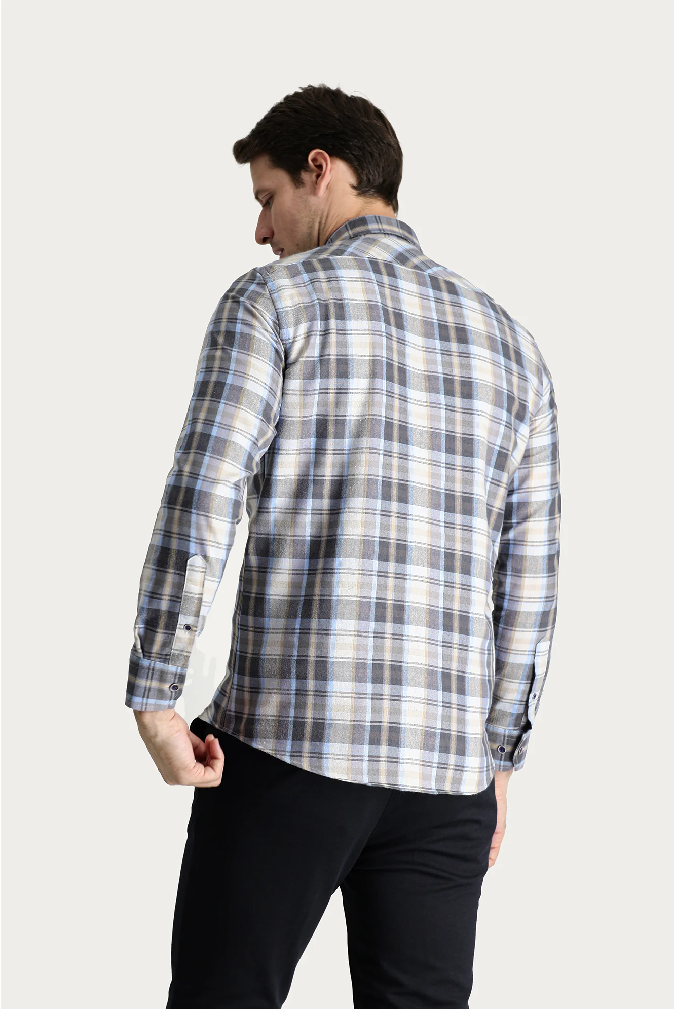 Açık Gri Uzun Kol Slim Fit Dar Kesim Ekose Oduncu Pamuklu Kolay Ütülenebilir Gömlek - Image 4