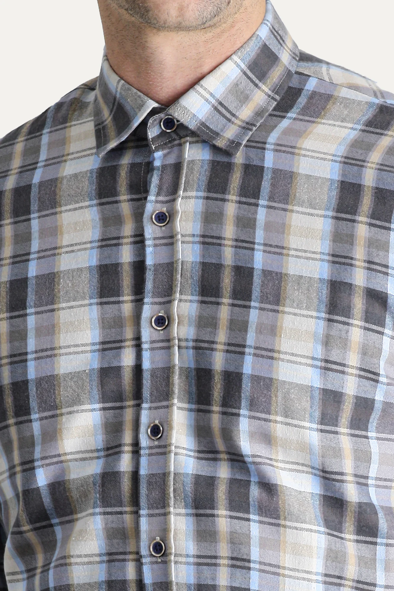 Açık Gri Uzun Kol Slim Fit Dar Kesim Ekose Oduncu Pamuklu Kolay Ütülenebilir Gömlek - Image 5