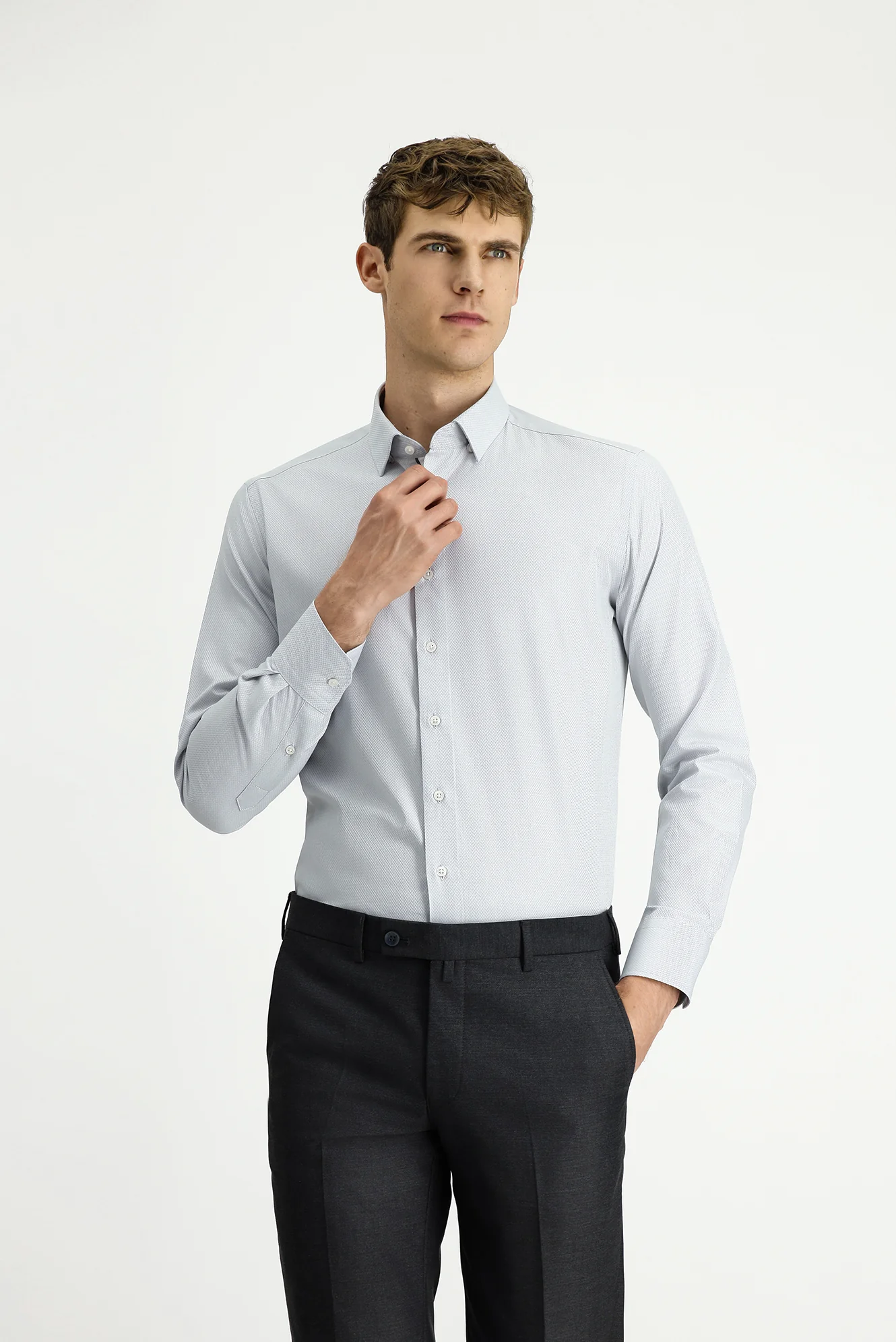 Açık Gri Uzun Kol Slim Fit Dar Kesim Klasik Desenli Pamuk Gömlek