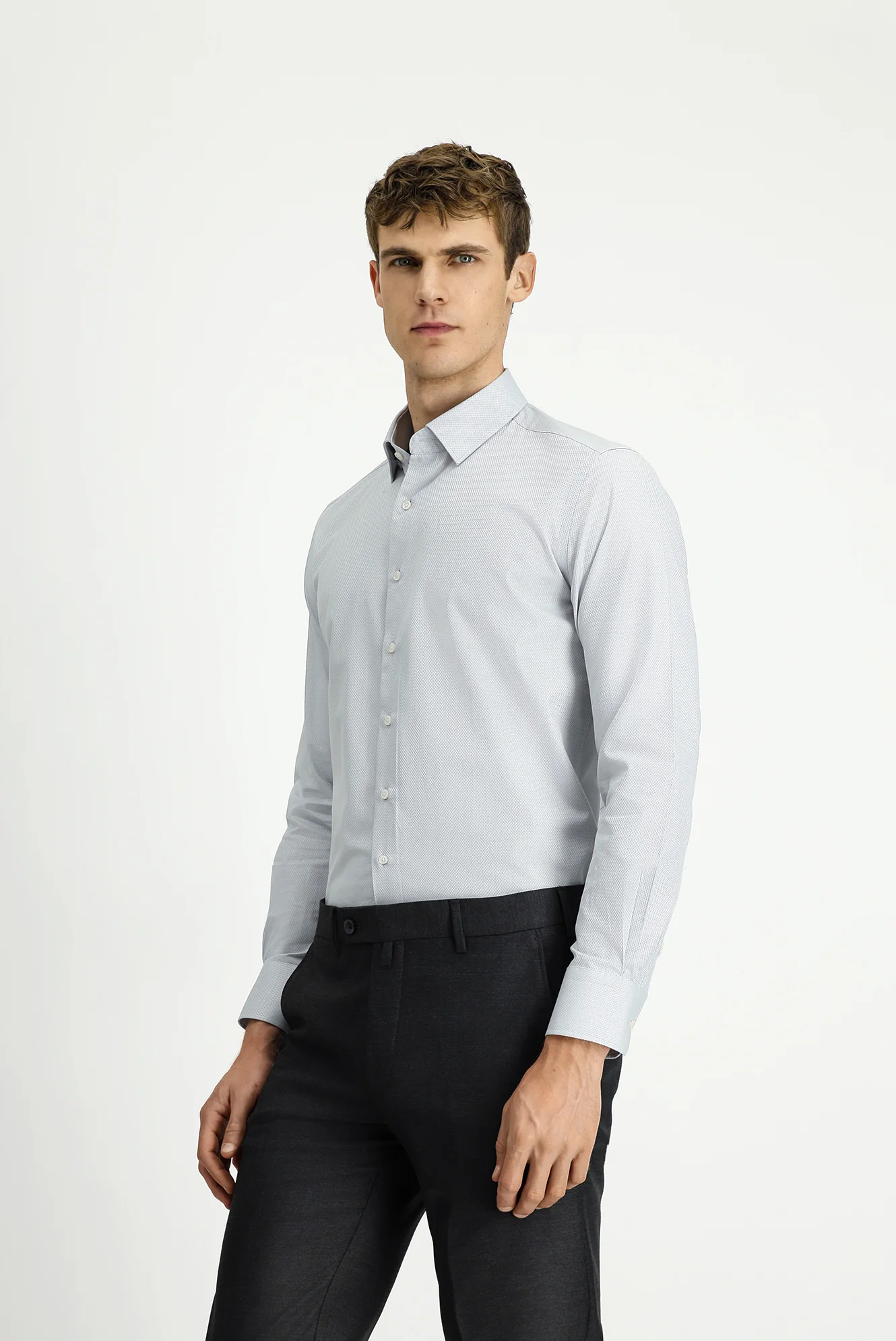 Açık Gri Uzun Kol Slim Fit Dar Kesim Klasik Desenli Pamuk Gömlek - Image 4