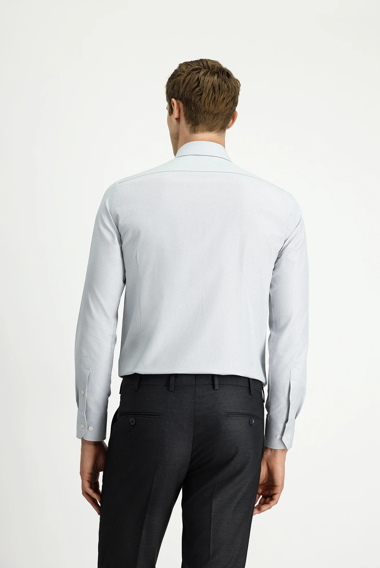 Açık Gri Uzun Kol Slim Fit Dar Kesim Klasik Desenli Pamuk Gömlek - Image 5
