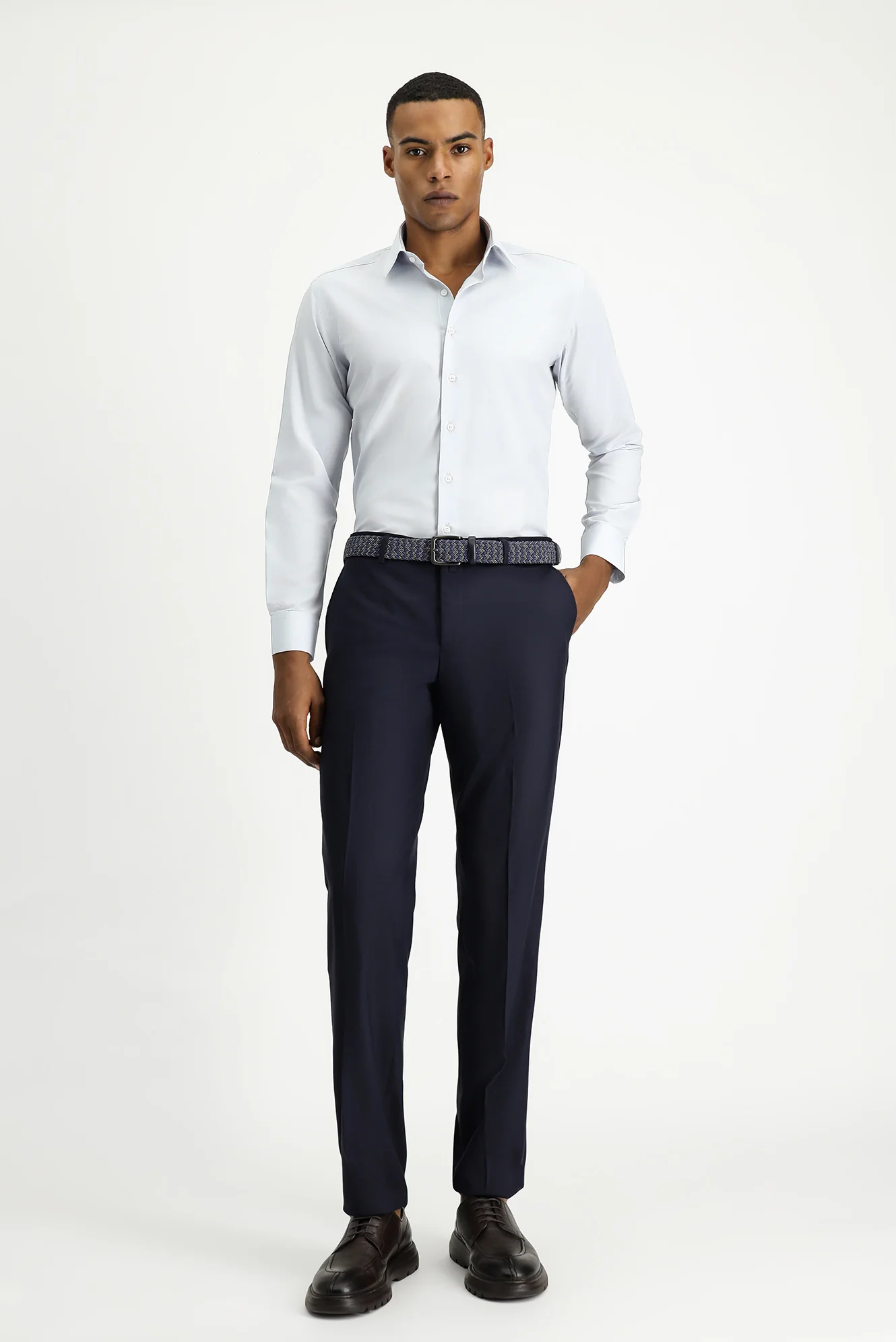 Açık Gri Uzun Kol Slim Fit Klasik Yaka Pamuklu Kolay Ütülenebilir Desenli Gömlek