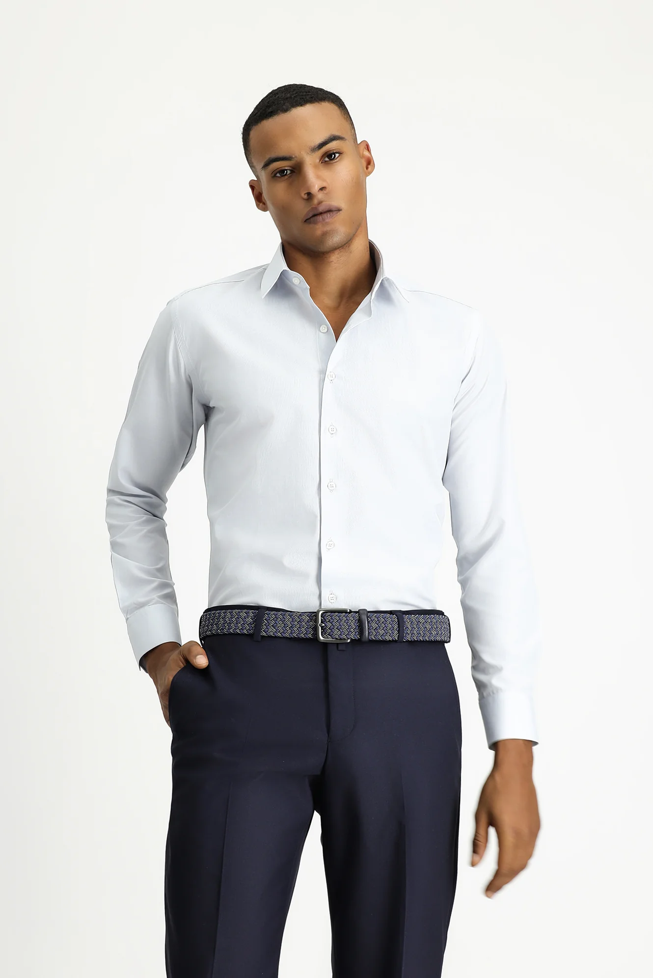Açık Gri Uzun Kol Slim Fit Klasik Yaka Pamuklu Kolay Ütülenebilir Desenli Gömlek - Image 3