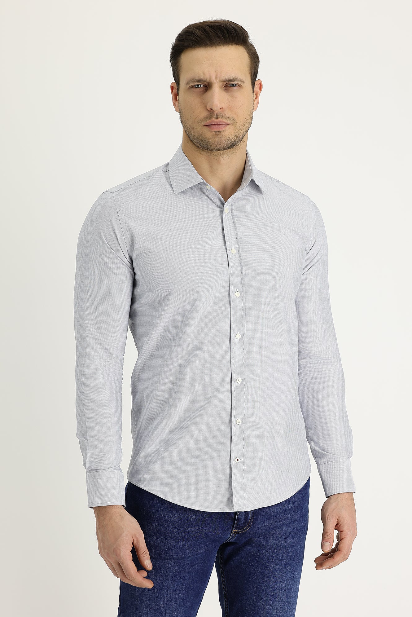 Açık Gri Uzun Kol Slim Fit Dar Kesim Klasik Desenli Pamuklu Kolay Ütülenebilir Gömlek