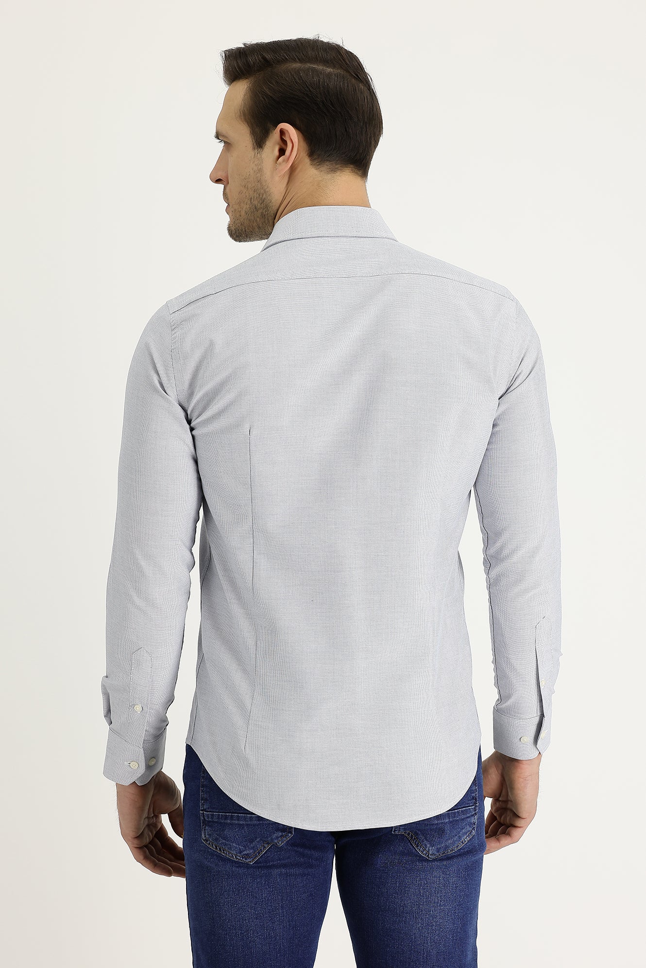 Açık Gri Uzun Kol Slim Fit Dar Kesim Klasik Desenli Pamuklu Kolay Ütülenebilir Gömlek - Image 2