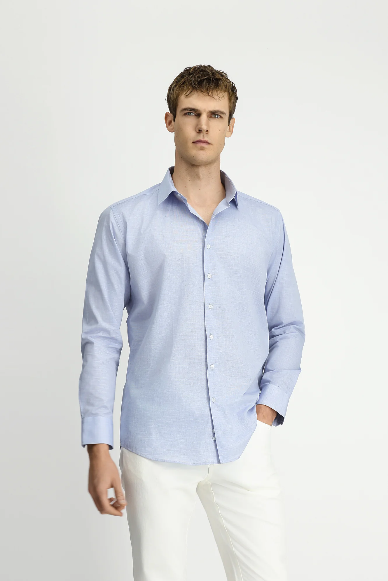 Açık Gri Uzun Kol Slim Fit Dar Kesim Klasik Pamuk Gömlek - Image 3