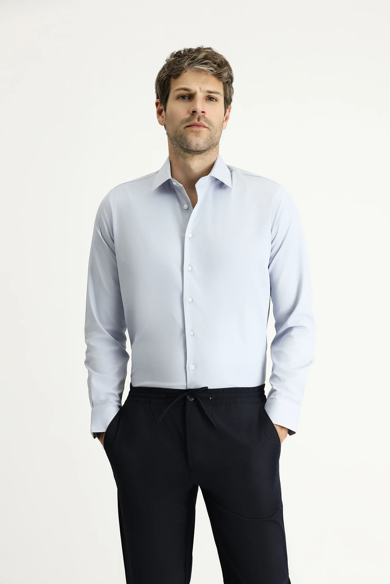 Açık Gri Uzun Kol Slim Fit Dar Kesim Klasik Pamuklu Gömlek