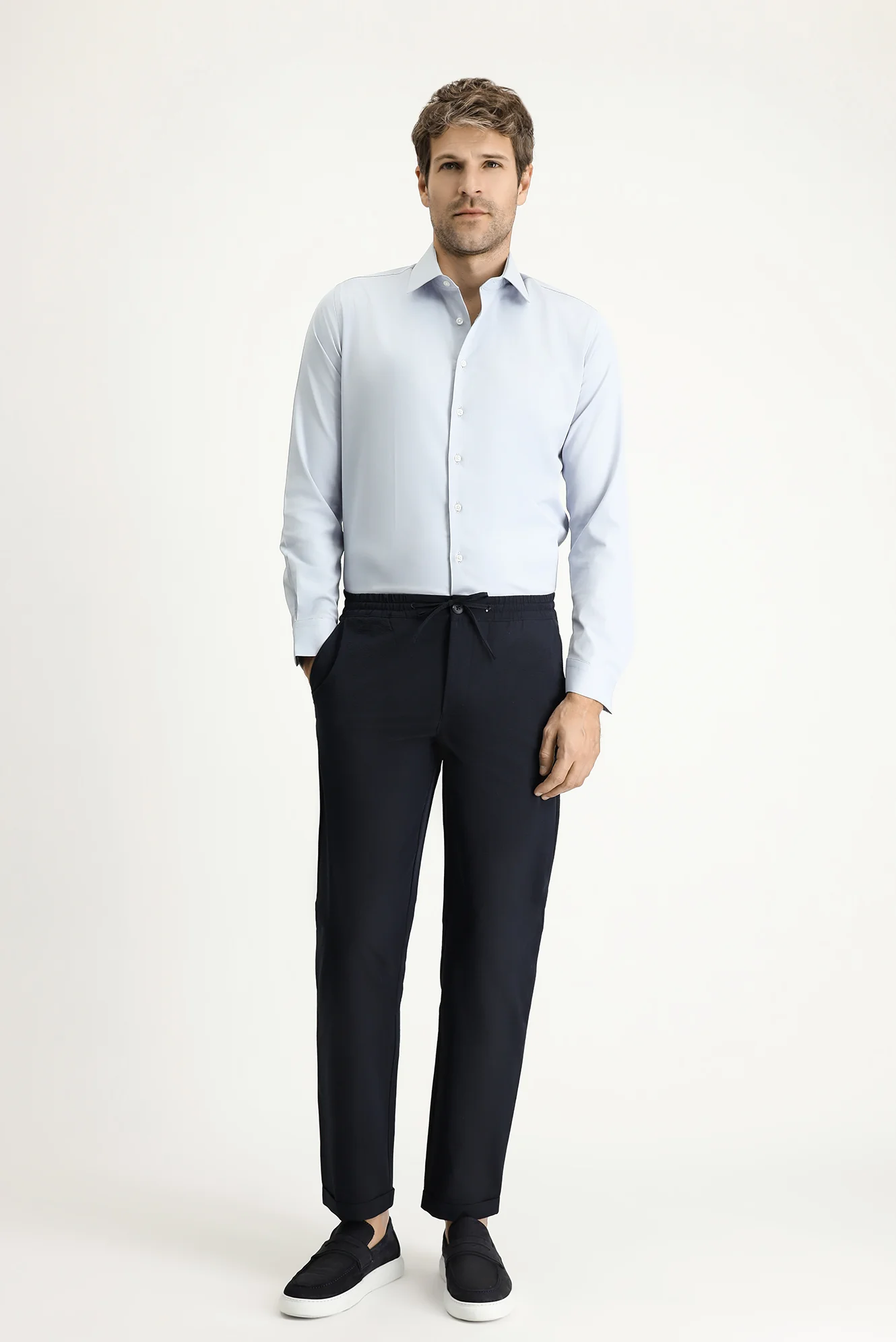 Açık Gri Uzun Kol Slim Fit Dar Kesim Klasik Pamuklu Gömlek - Image 2