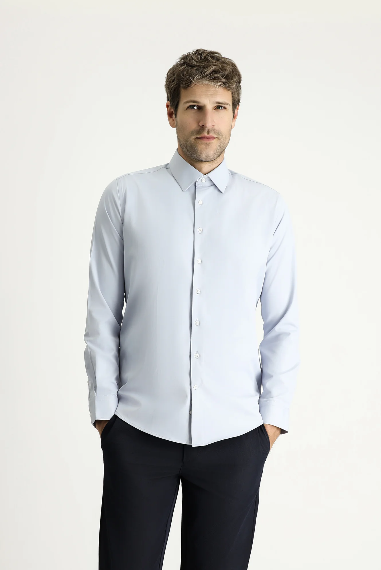 Açık Gri Uzun Kol Slim Fit Dar Kesim Klasik Pamuklu Gömlek - Image 3