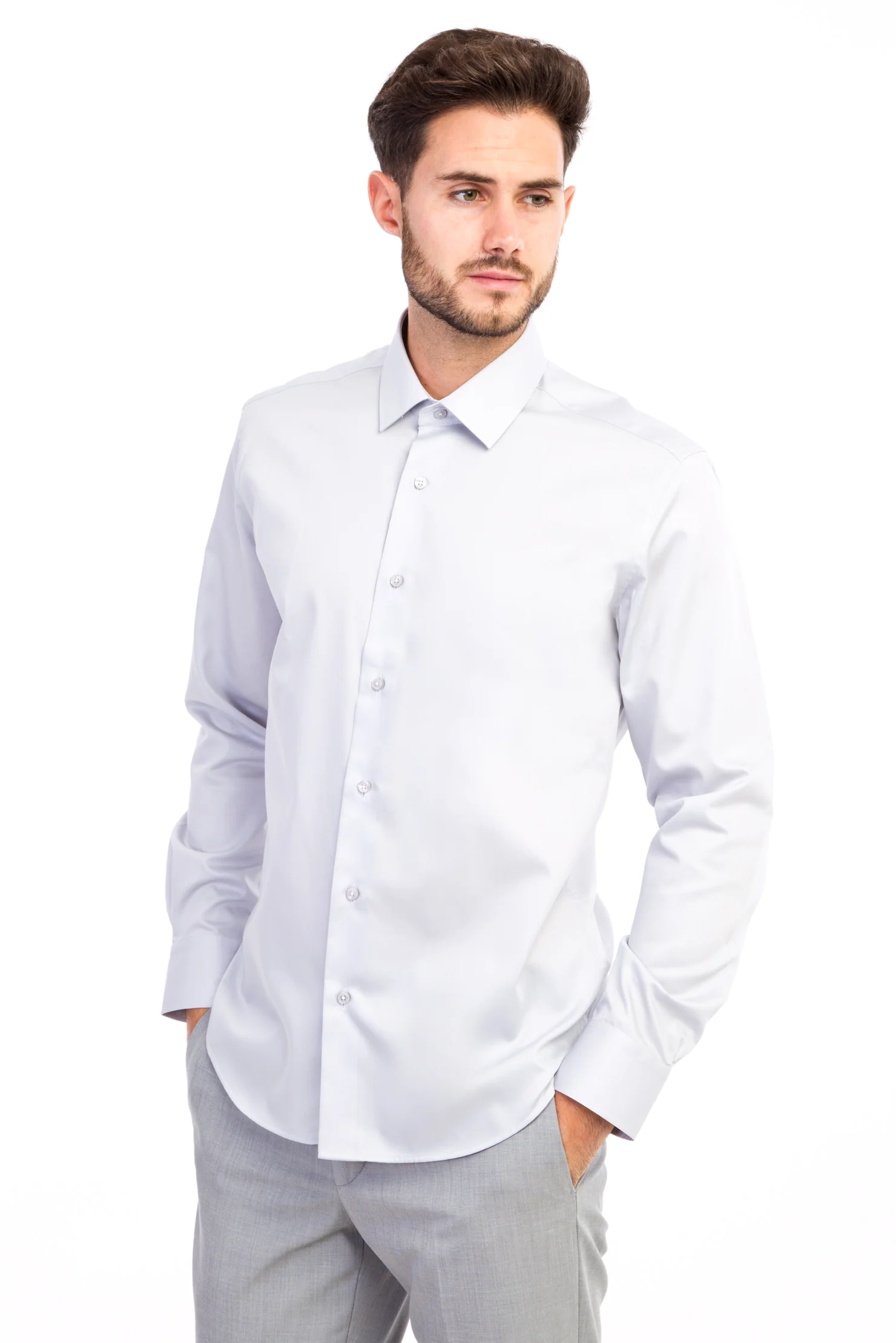 Açık Gri Uzun Kol Slim Fit Dar Kesim Non Iron Saten Gömlek