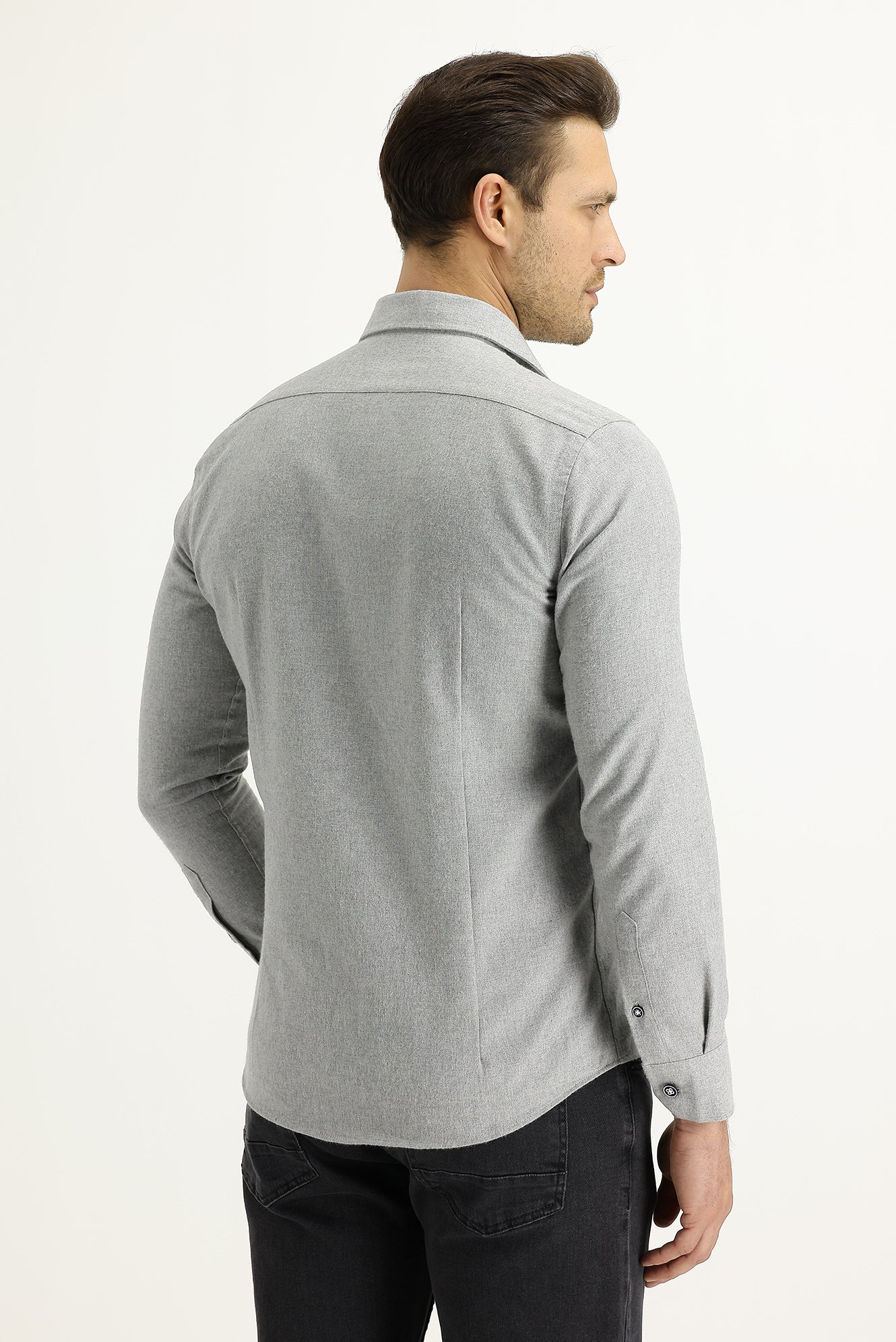 Açık Gri Uzun Kol Slim Fit Dar Kesim Oduncu Spor Pamuklu Kolay Ütülenebilir Gömlek - Image 3