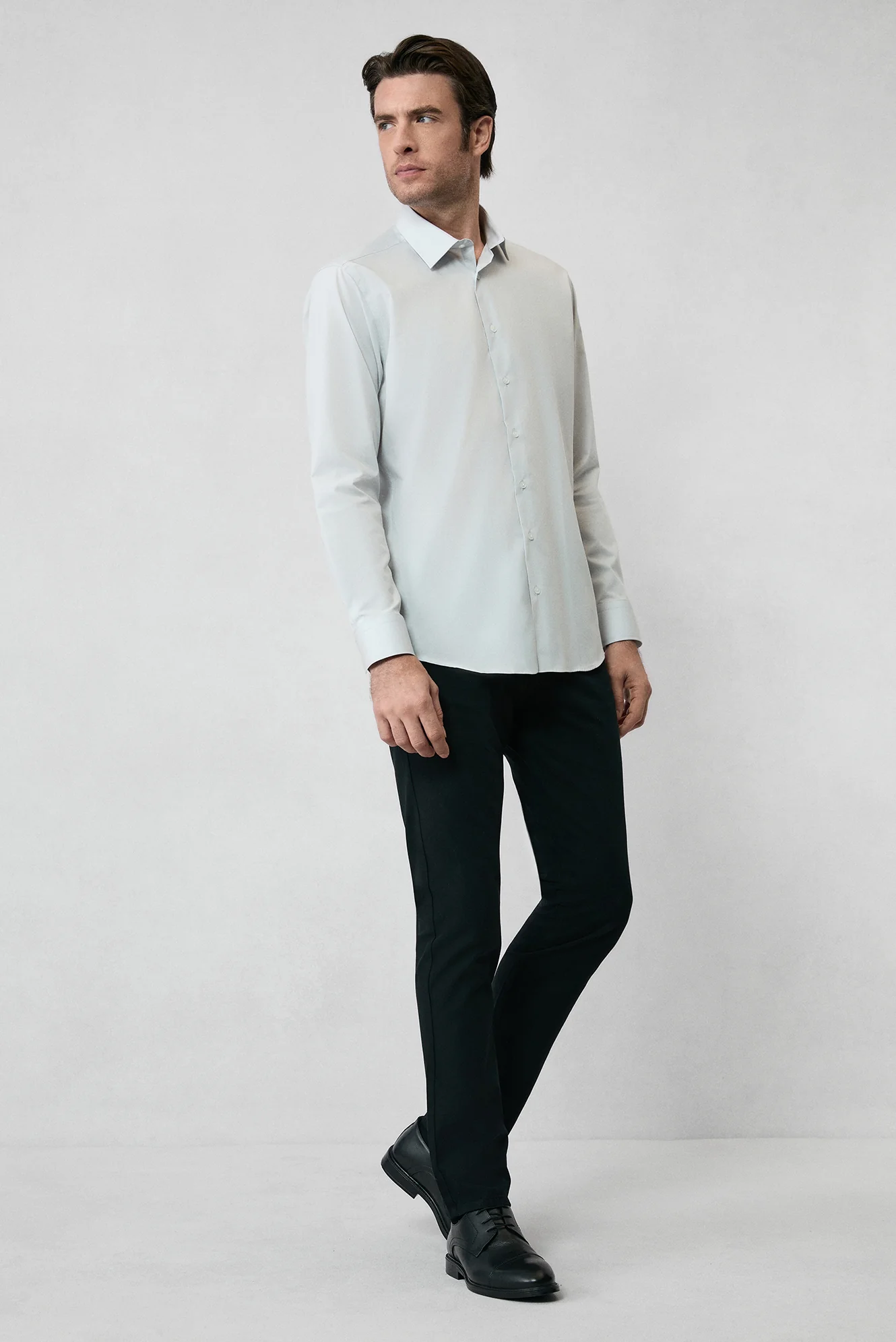 Açık Gri Uzun Kol Slim Fit %100 Pamuk 4 Mevsim Kolay Ütülenebilir Nefes Alan Erkek Easy Care Klasik Gömlek - Image 5