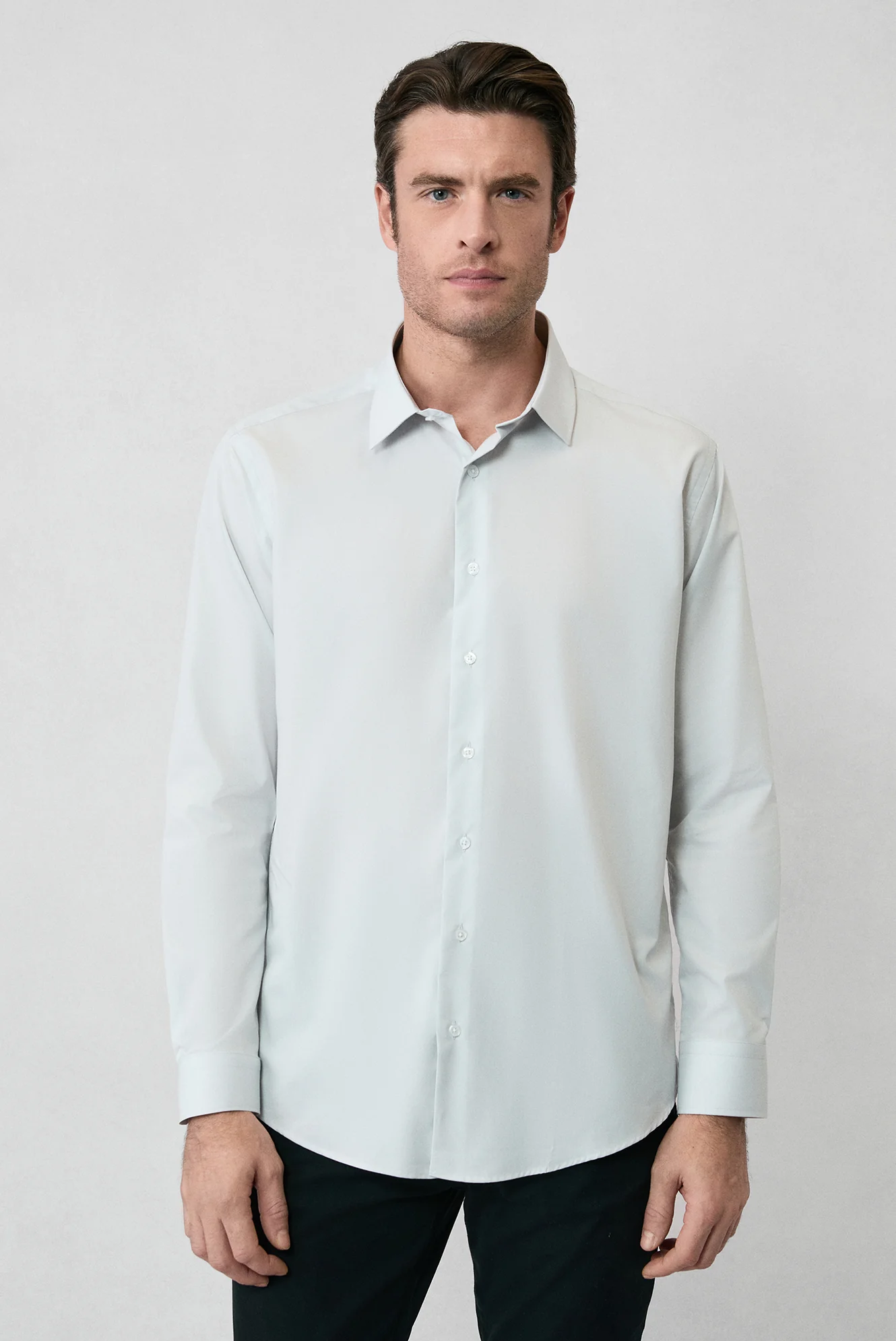 Açık Gri Uzun Kol Slim Fit %100 Pamuk 4 Mevsim Kolay Ütülenebilir Nefes Alan Erkek Easy Care Klasik Gömlek - Image 7
