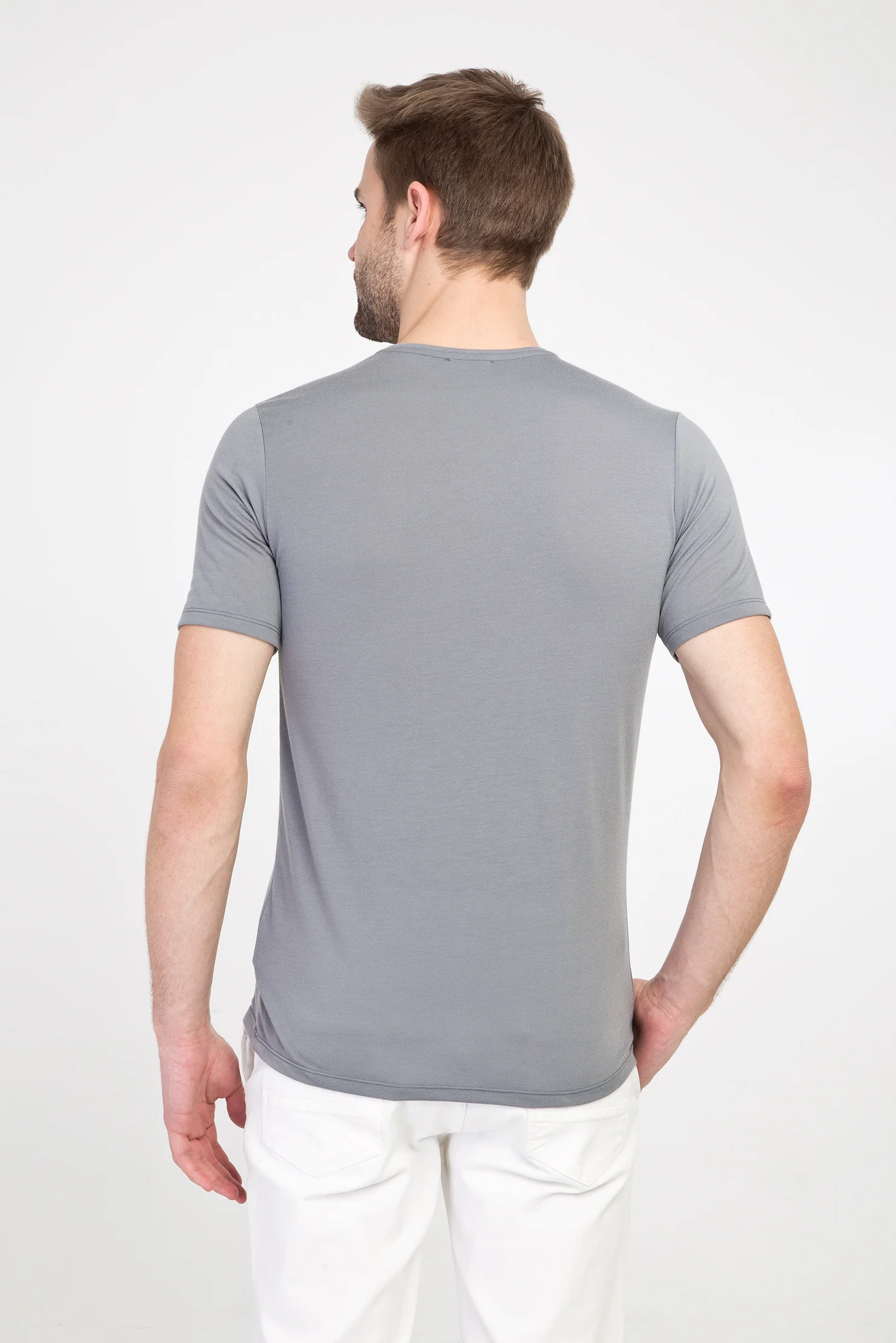 Açık Gri V Yaka Slim Fit Dar Kesim Pamuk Tişört - Image 3