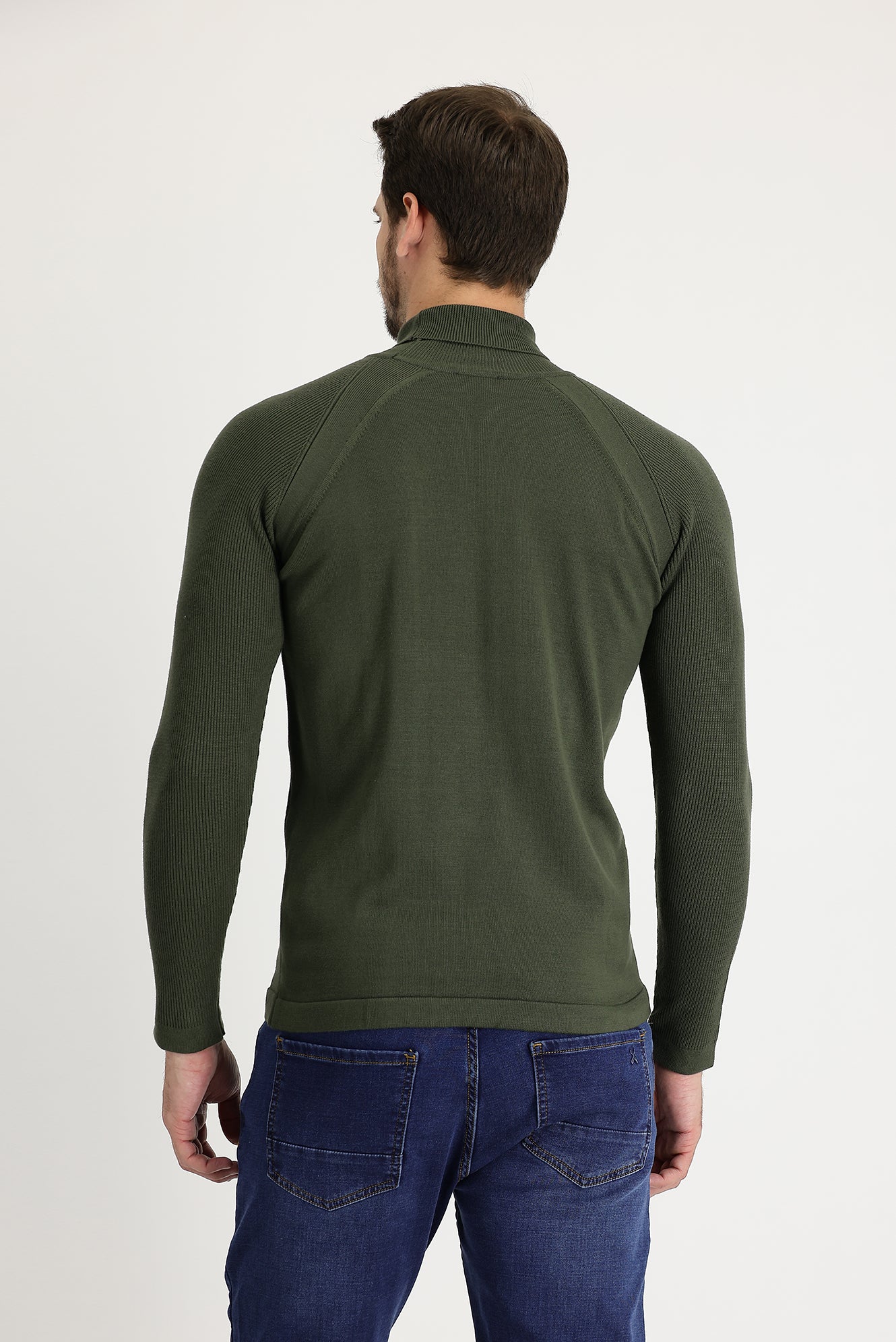 Açık Haki Balıkçı Yaka Slim Fit Dar Kesim Desenli Pamuklu Triko Kazak - Image 3