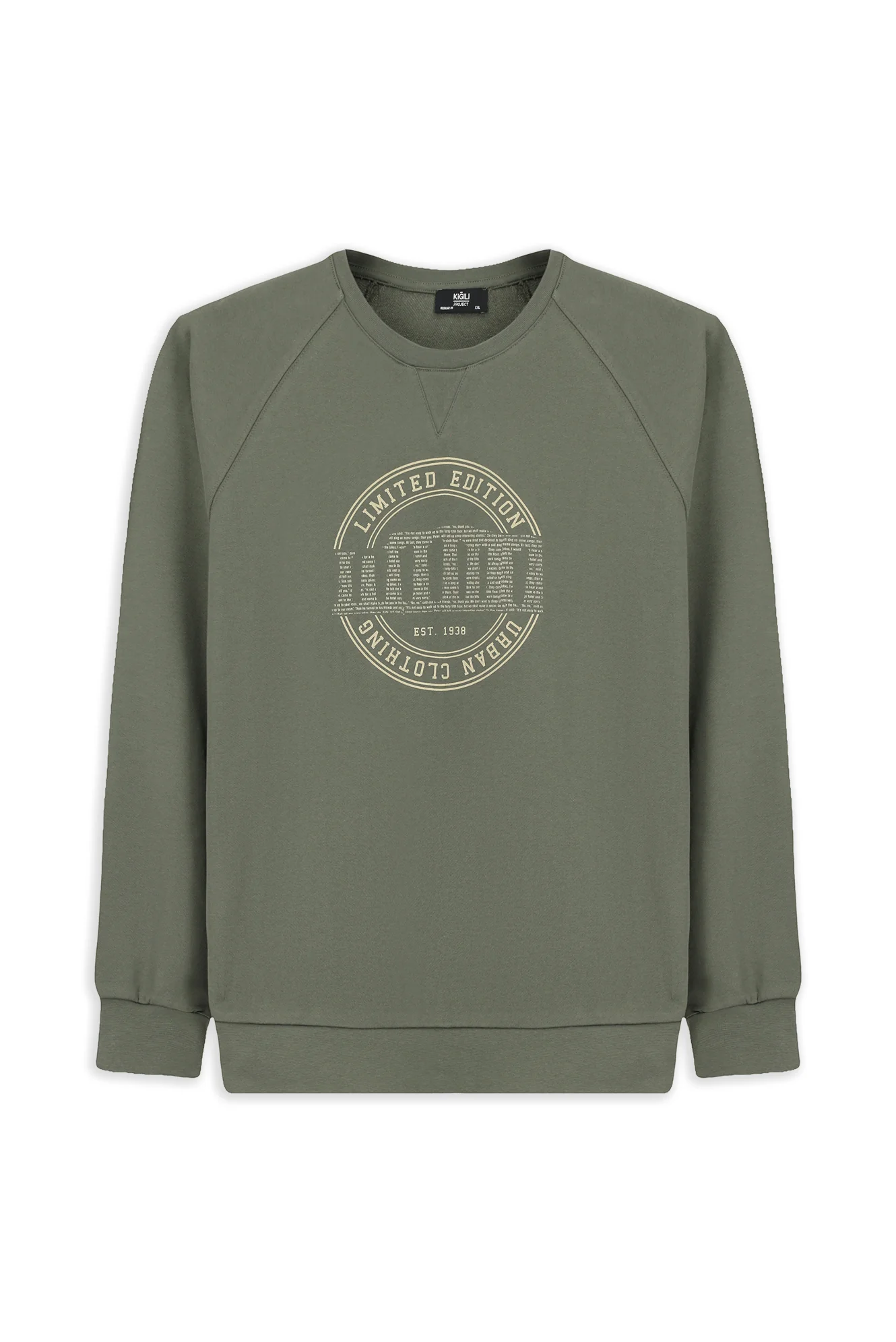 Açık Haki Bisiklet Yaka Regular Fit Baskılı Pamuk Sweatshirt