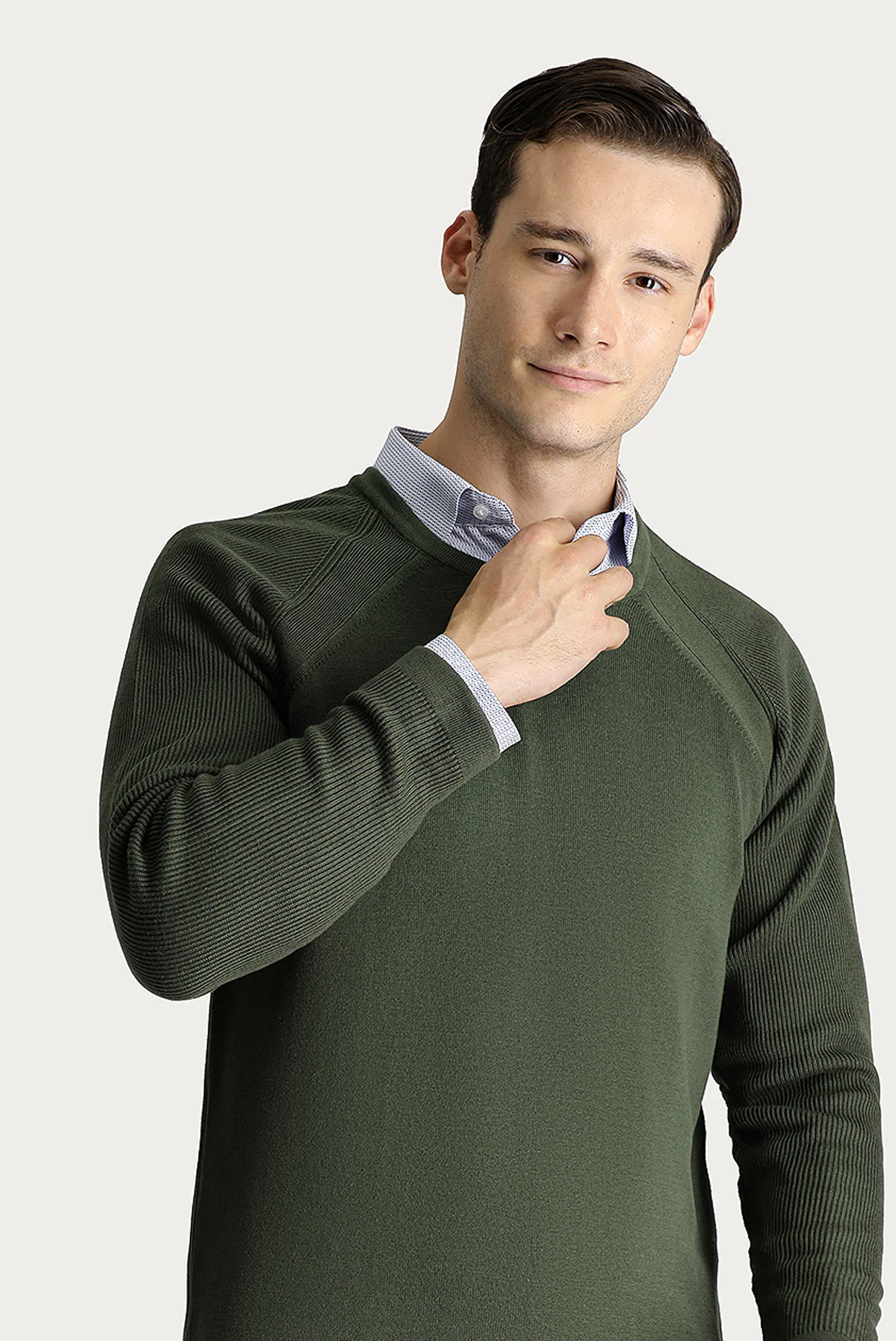 Açık Haki Bisiklet Yaka Slim Fit Desenli Pamuklu Triko Kazak - Image 2