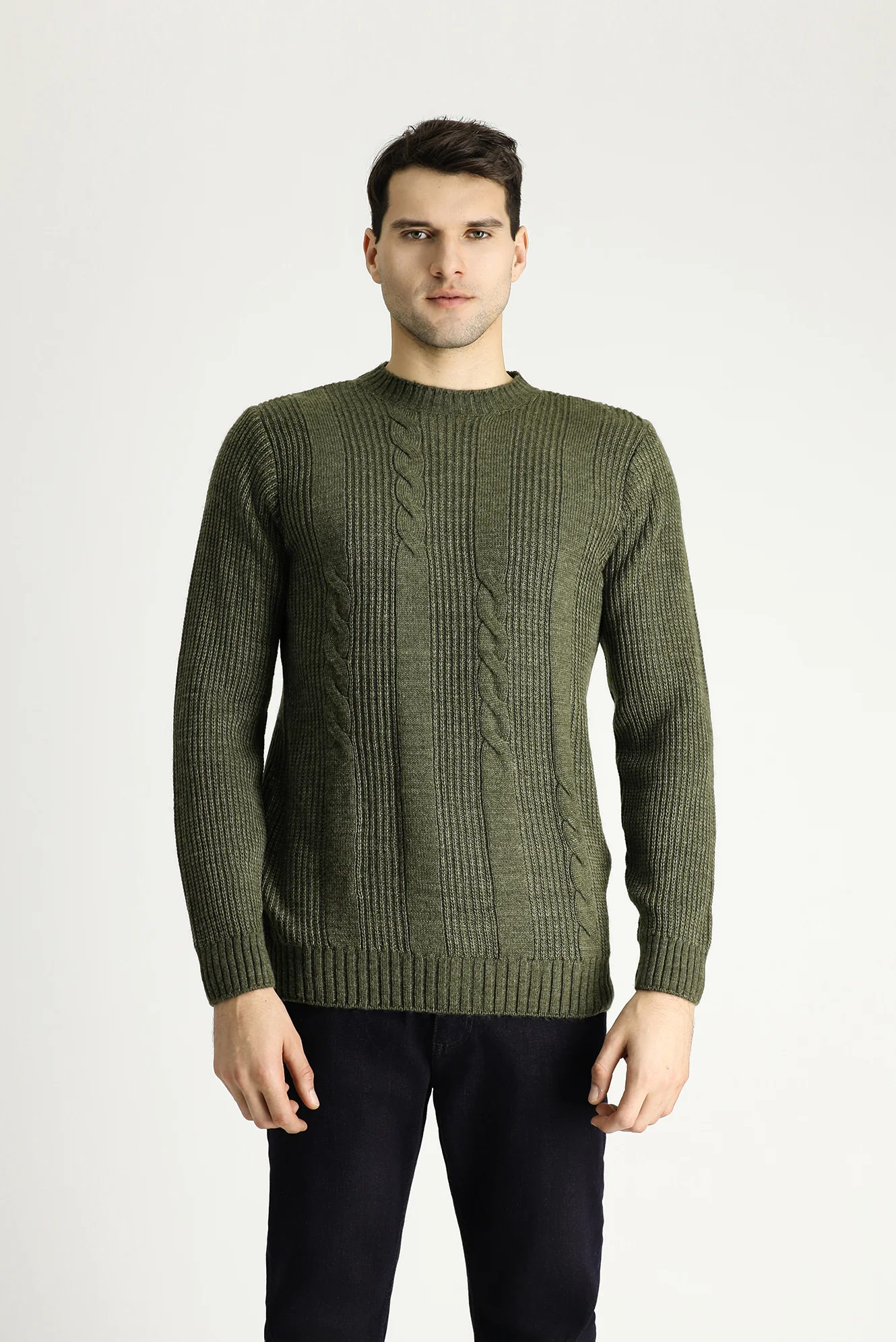 Açık Haki Bisiklet Yaka Slim Fit Desenli Triko Kazak - Image 3