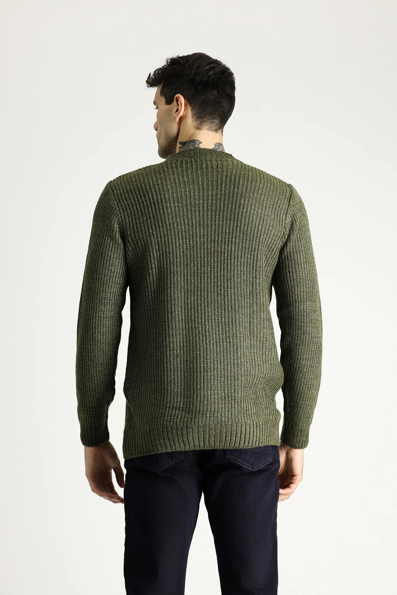 Açık Haki Bisiklet Yaka Slim Fit Desenli Triko Kazak - Image 4