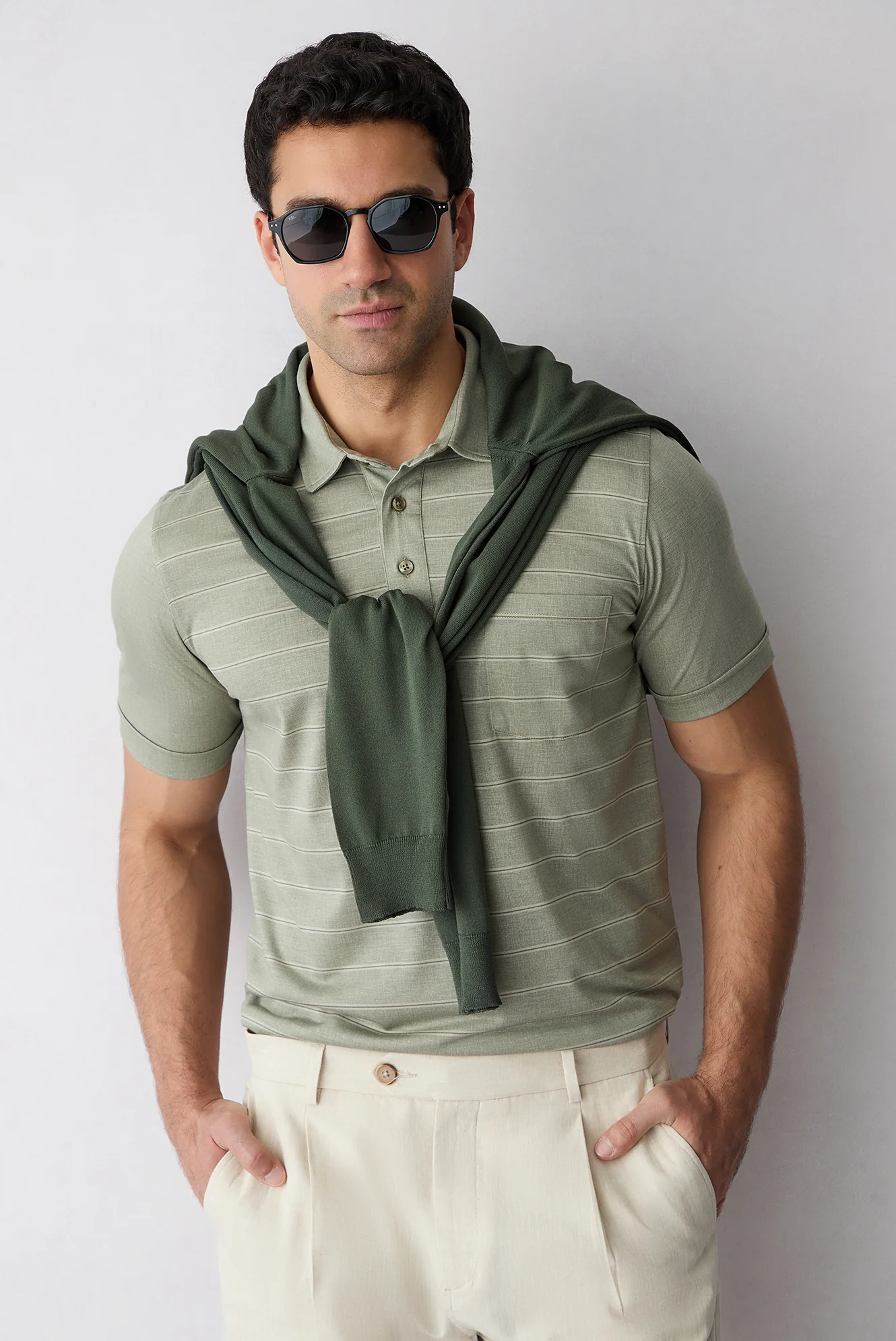 Açık Haki Regular Fit Çizgili Cepli Düğmeli Polo Yaka Tişört - Image 5