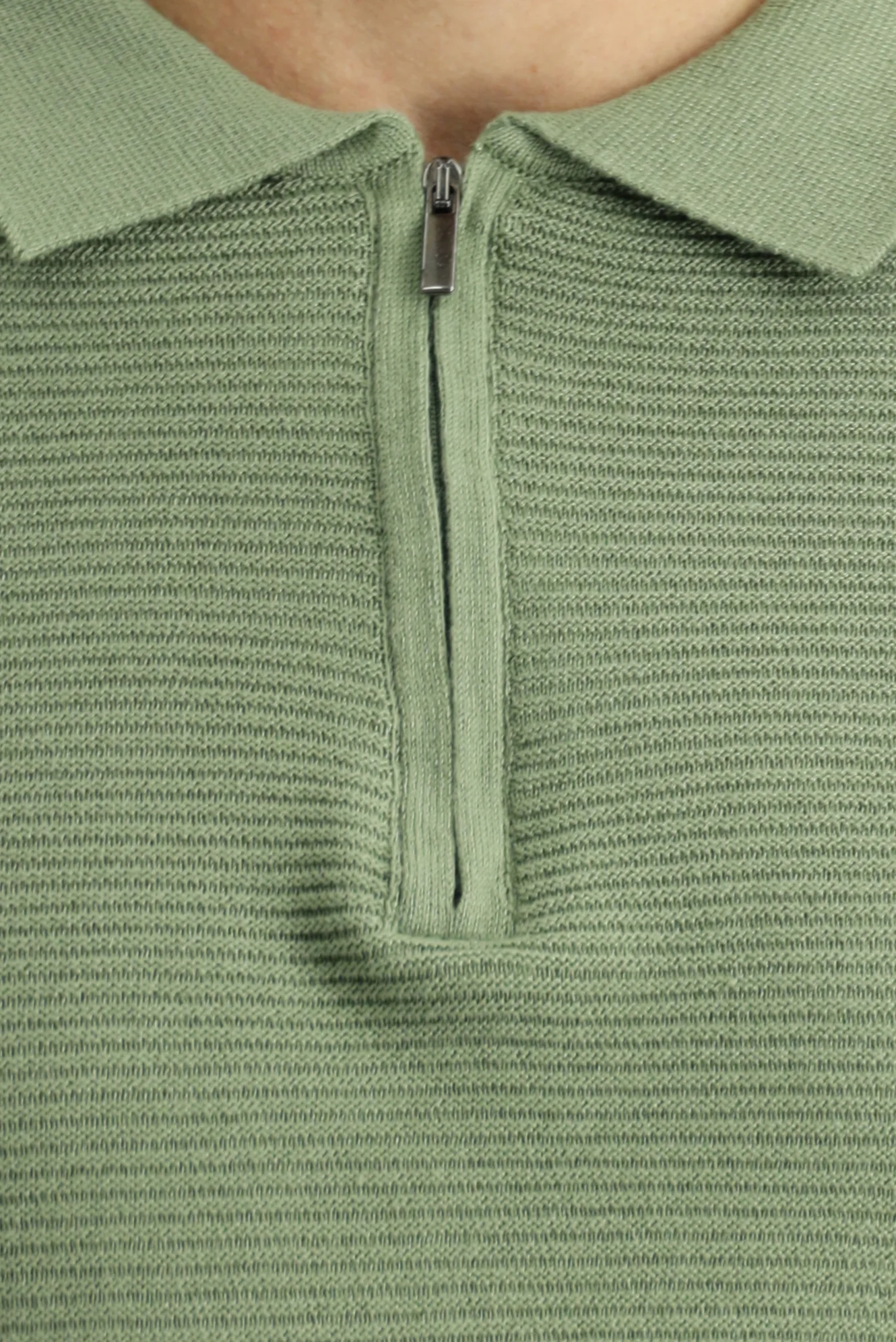 Açık Haki Polo Yaka Fermuarlı Regular Fit Desenli Pamuklu Triko Kazak - Image 5