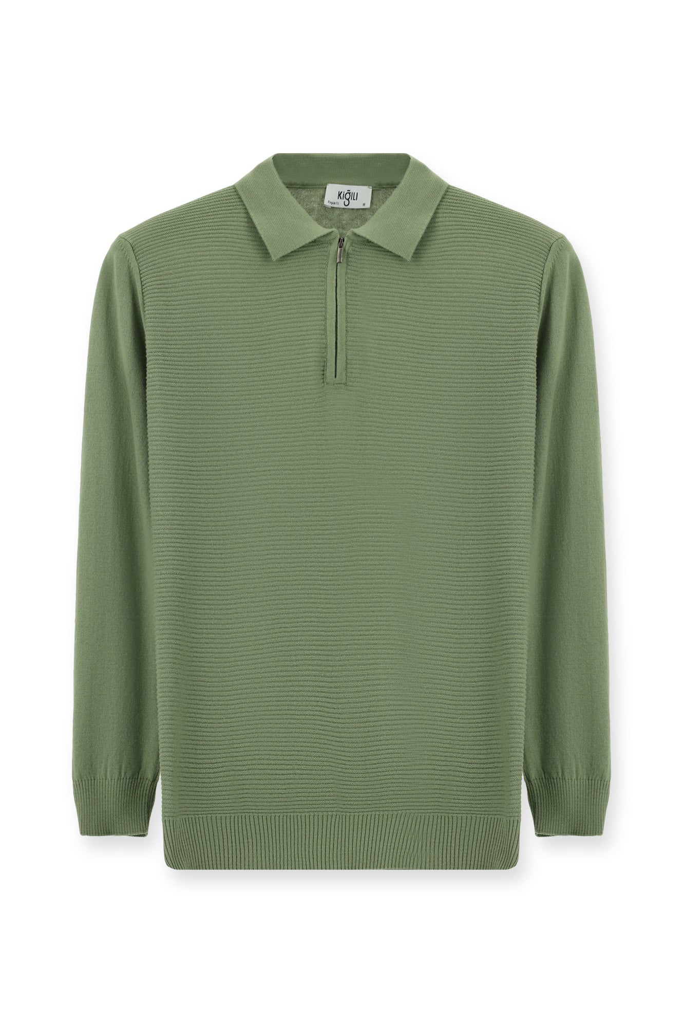 Açık Haki Polo Yaka Fermuarlı Regular Fit Desenli Pamuklu Triko Kazak - Image 7