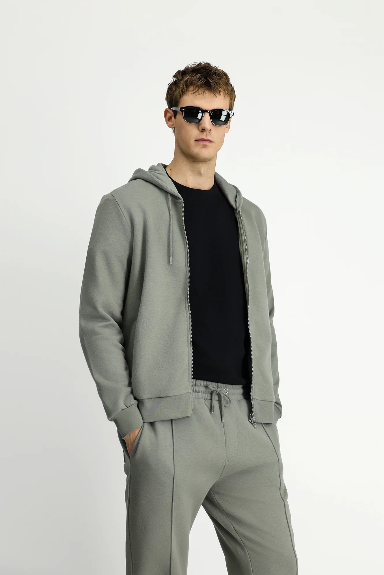 Açık Haki Kapüşonlu Fermuarlı Pamuklu Sweat Hırka - Image 3