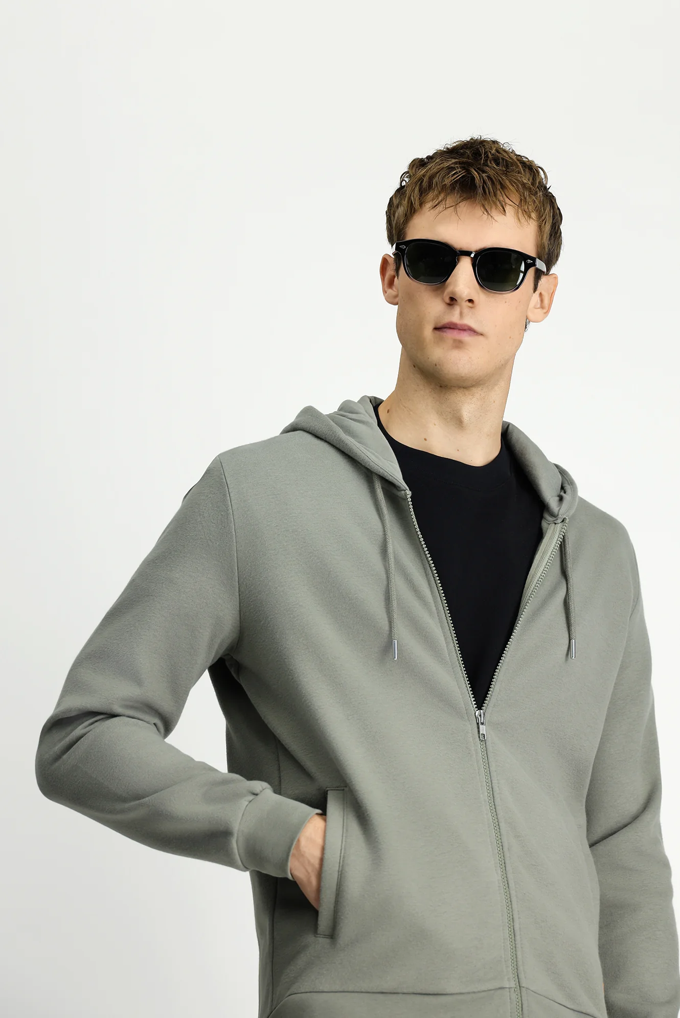 Açık Haki Kapüşonlu Fermuarlı Pamuklu Sweat Hırka - Image 4