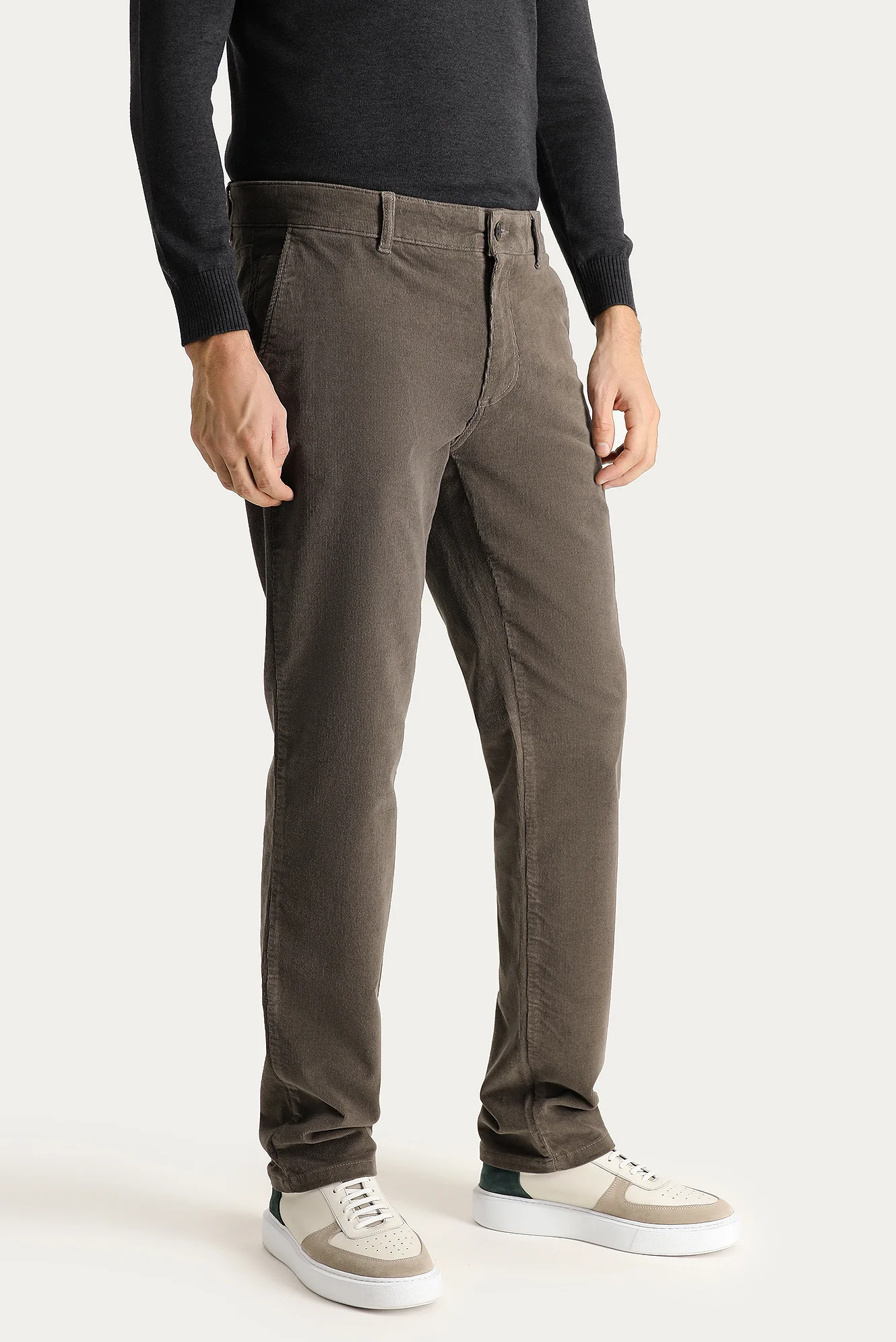 Açık Haki Regular Fit Standart Kesim Likralı Kadife Pantolon - Image 3