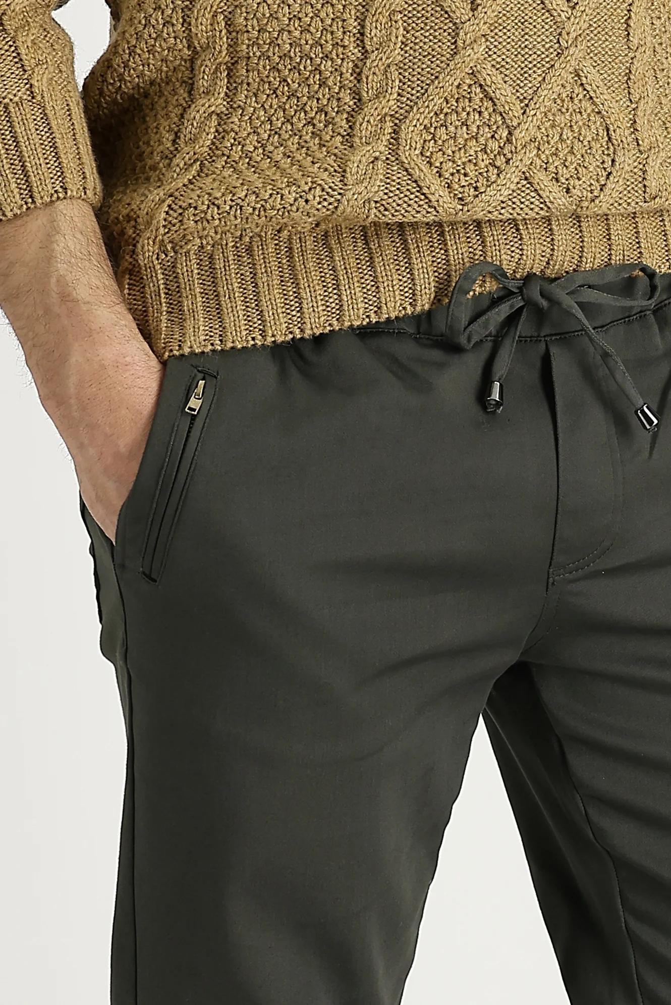 Açık Haki Slim Fit Dar Kesim Beli Lastikli İpli Likralı Kanvas / Chino Pantolon - Image 2