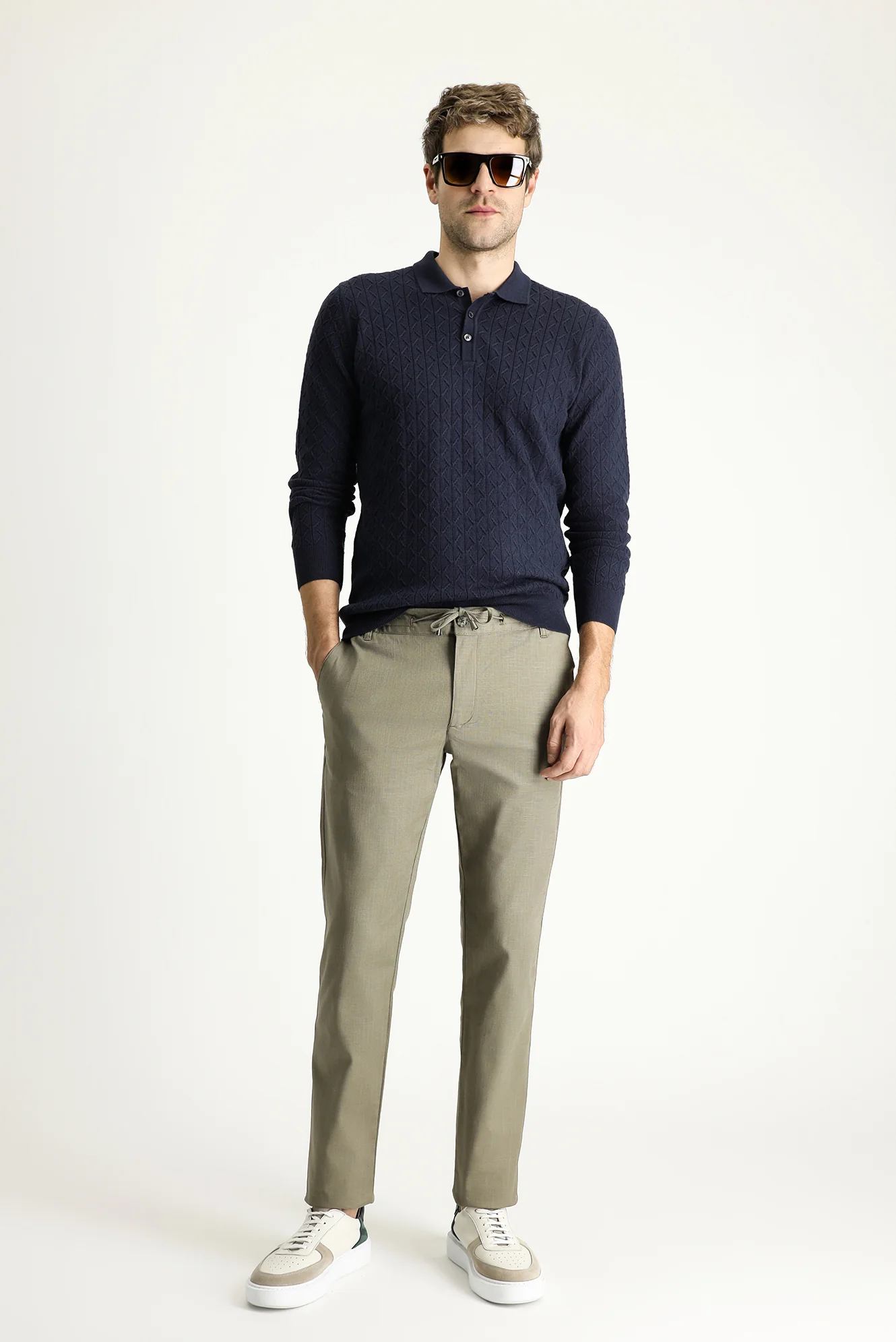 Açık Haki Slim Fit Dar Kesim Beli Lastikli İpli Likralı Pantolon - Image 2