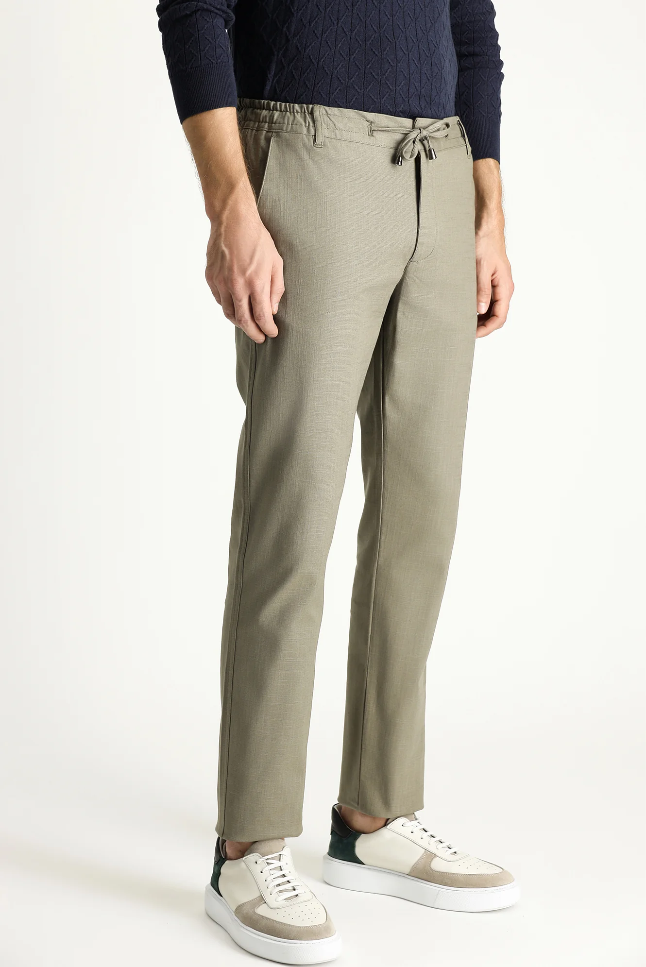 Açık Haki Slim Fit Dar Kesim Beli Lastikli İpli Likralı Pantolon - Image 3