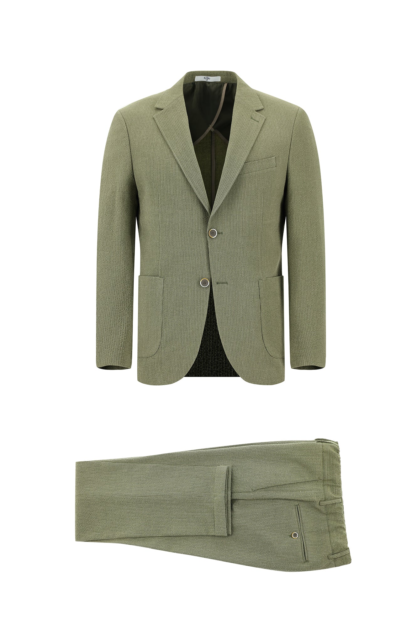 Açık Haki 7 Drop Slim Fit Dar Kesim Çizgili Beli Lastikli İpli Takım Elbise