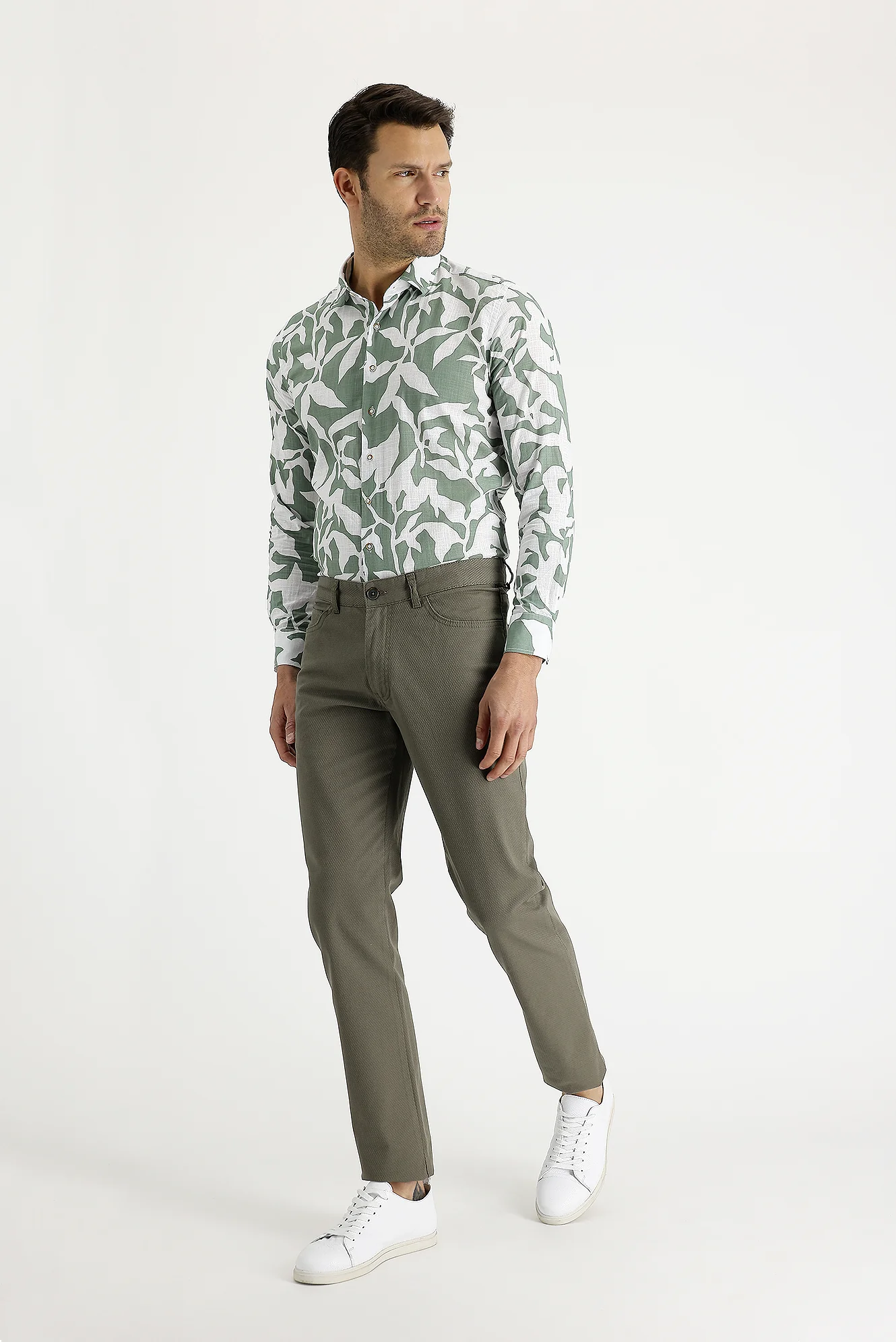 Açık Haki Slim Fit Dar Kesim Desenli Likralı Kanvas / Chino Pantolon