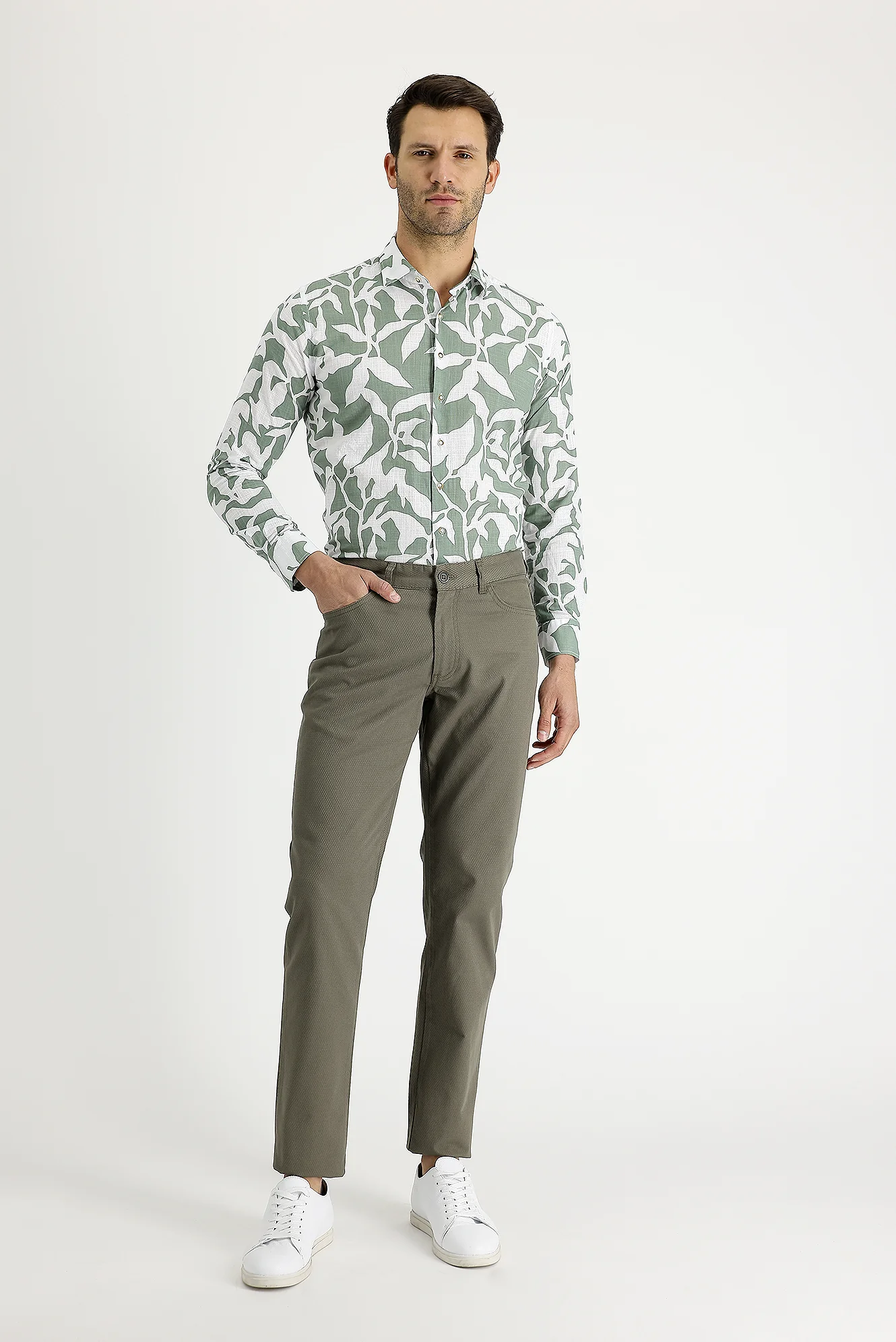 Açık Haki Slim Fit Dar Kesim Desenli Likralı Kanvas / Chino Pantolon - Image 2