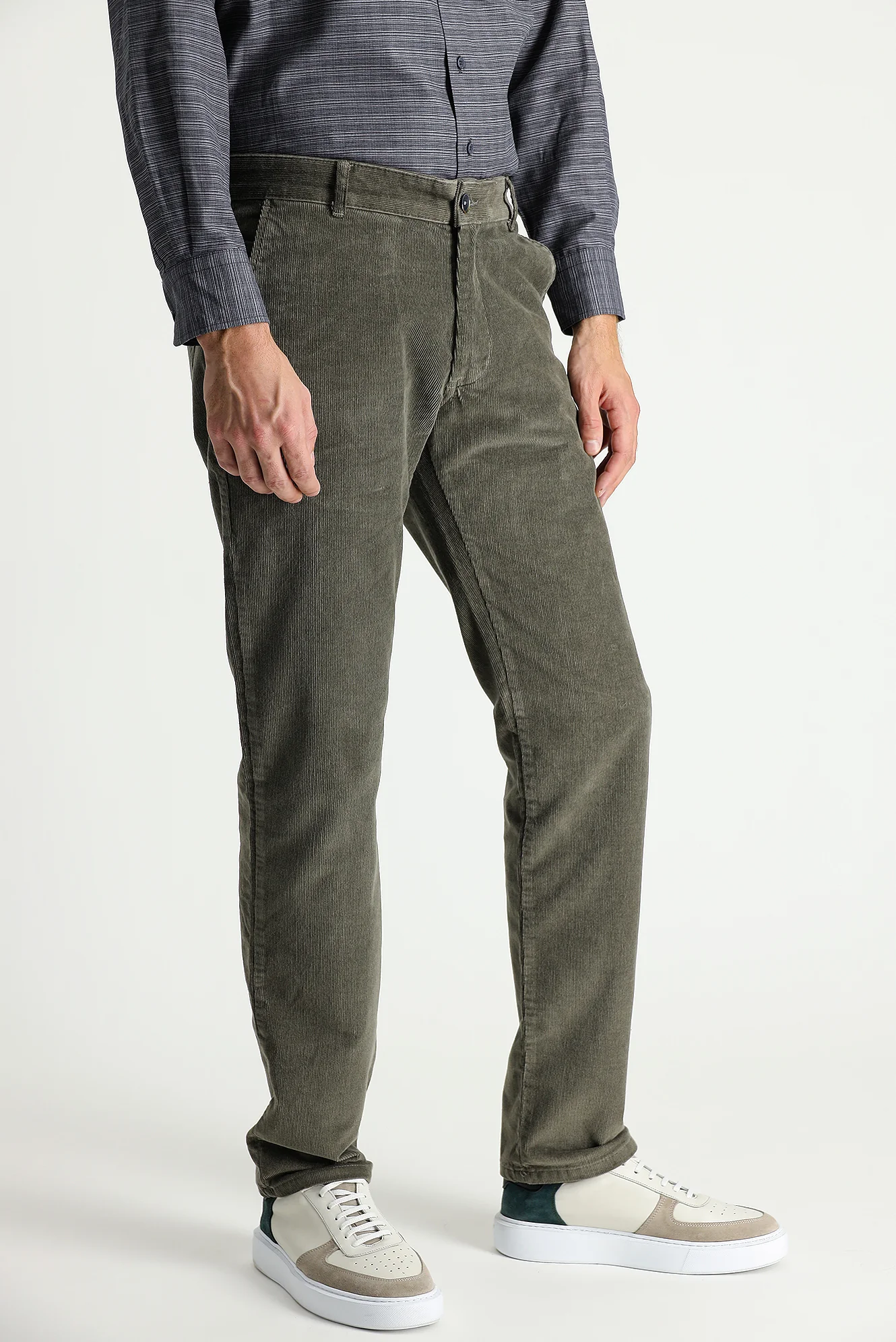 Açık Haki Slim Fit Dar Kesim Likralı Kadife Pantolon - Image 3