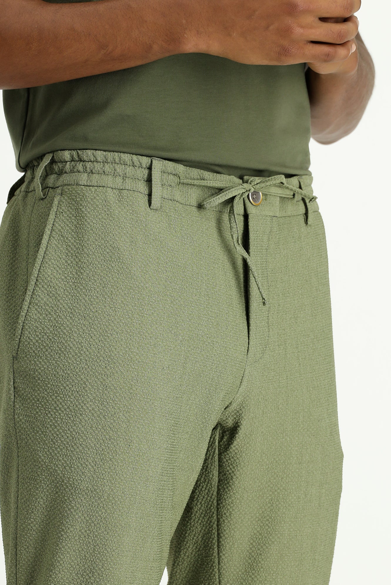 Açık Haki 7 Drop Super Slim Fit Eksra Dar Kesim Beli Lastikli İpli Gofre Likralı Klasik Kumaş Pantolon - Image 3