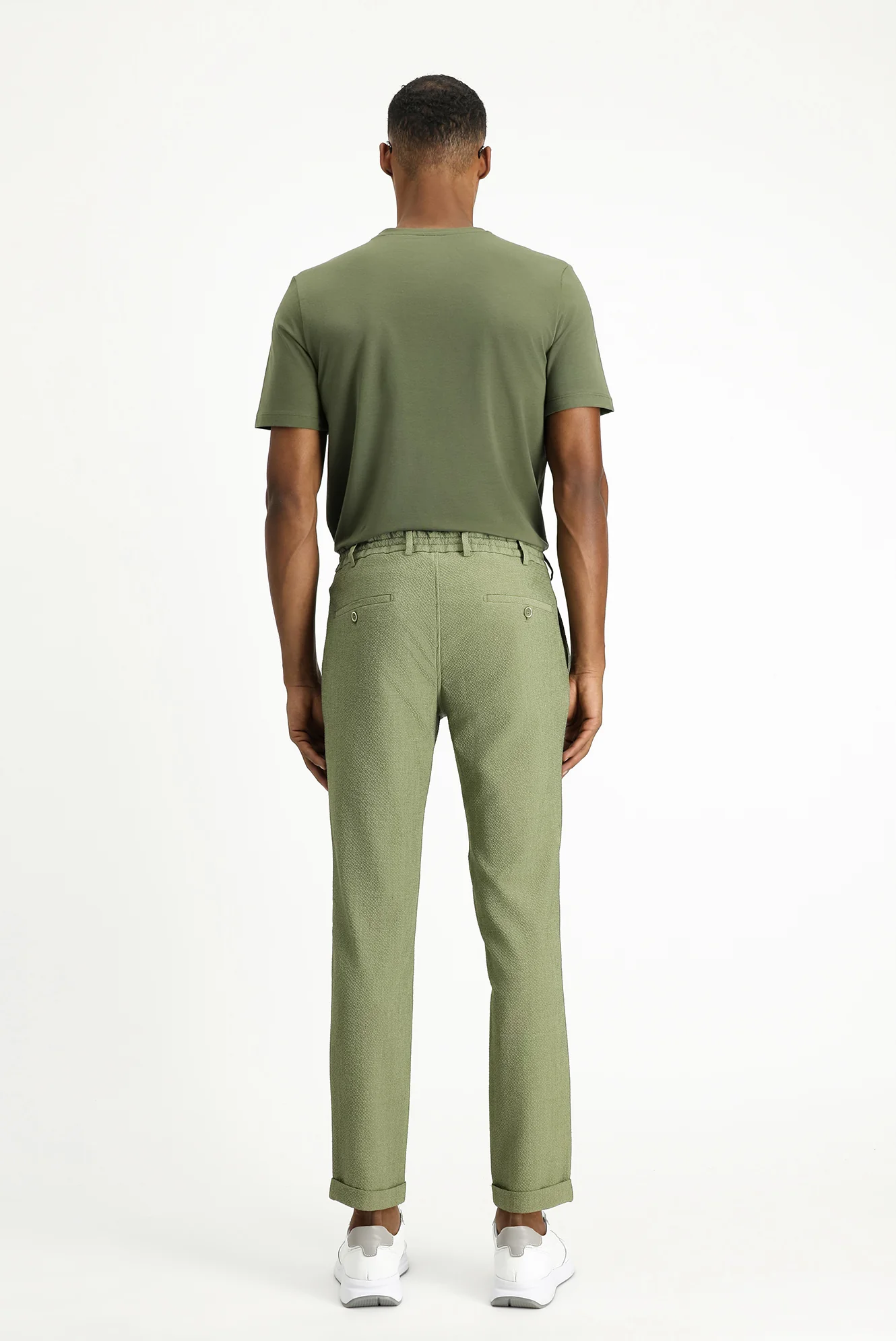 Açık Haki 7 Drop Super Slim Fit Eksra Dar Kesim Beli Lastikli İpli Gofre Likralı Klasik Kumaş Pantolon - Image 4