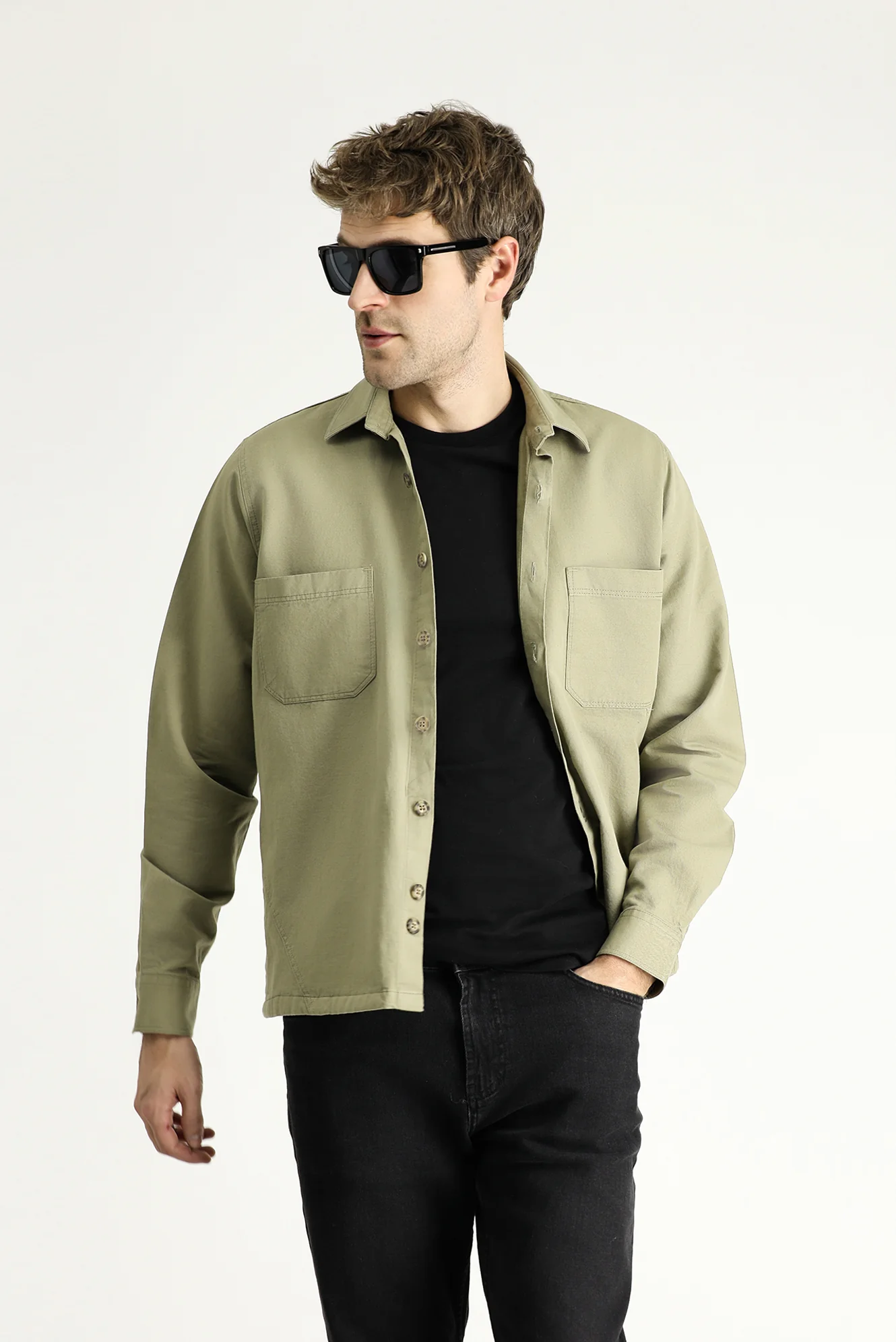 Açık Haki Uzun Kol Oversize Keten Shacket Gömlek / Mont