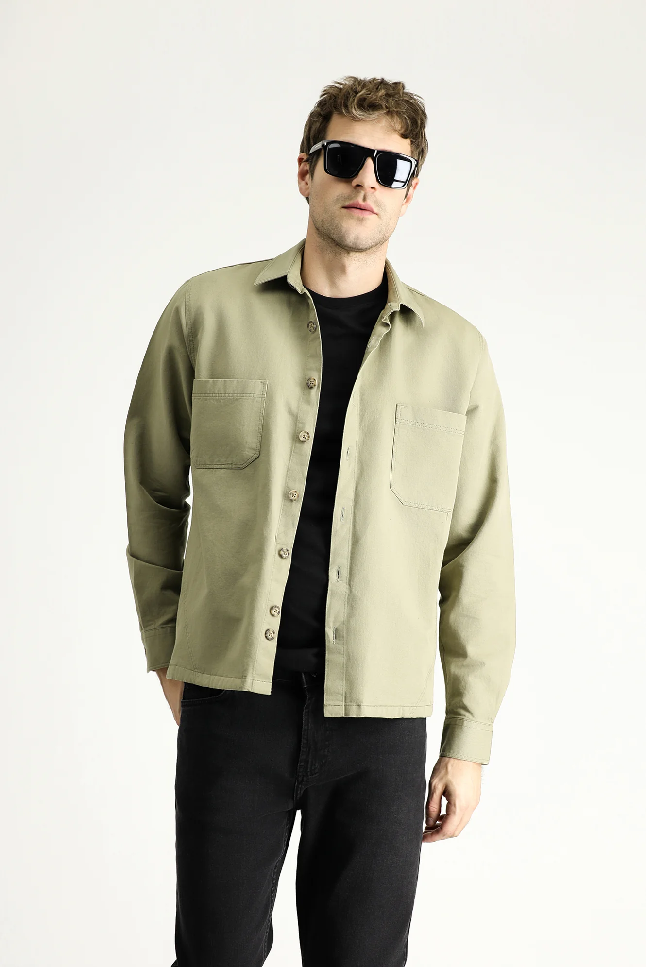 Açık Haki Uzun Kol Oversize Keten Shacket Gömlek / Mont - Image 2