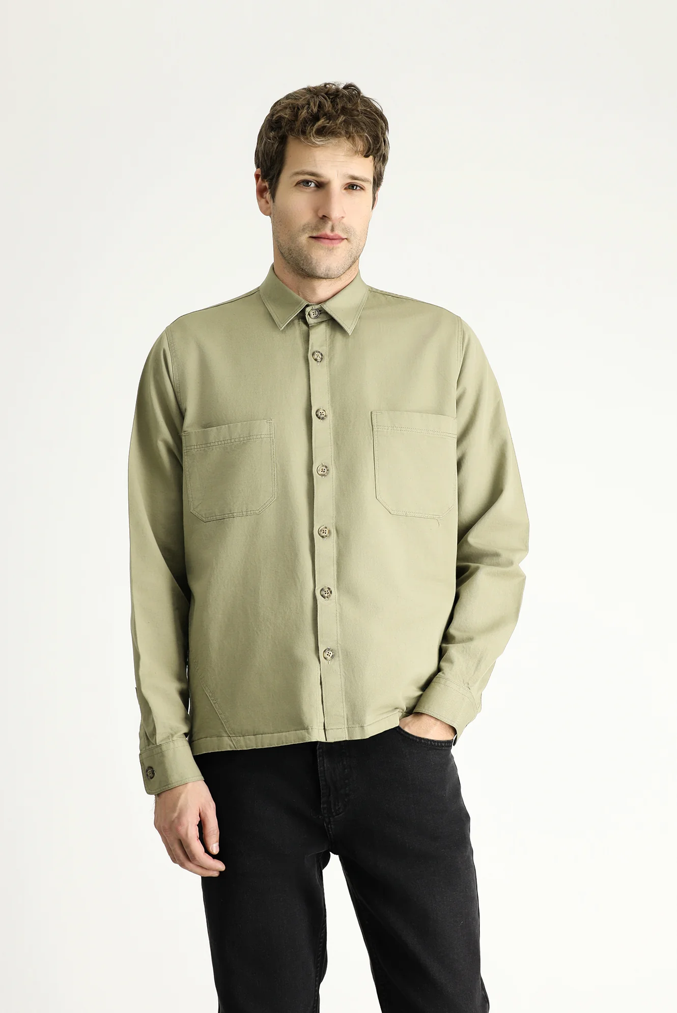 Açık Haki Uzun Kol Oversize Keten Shacket Gömlek / Mont - Image 3