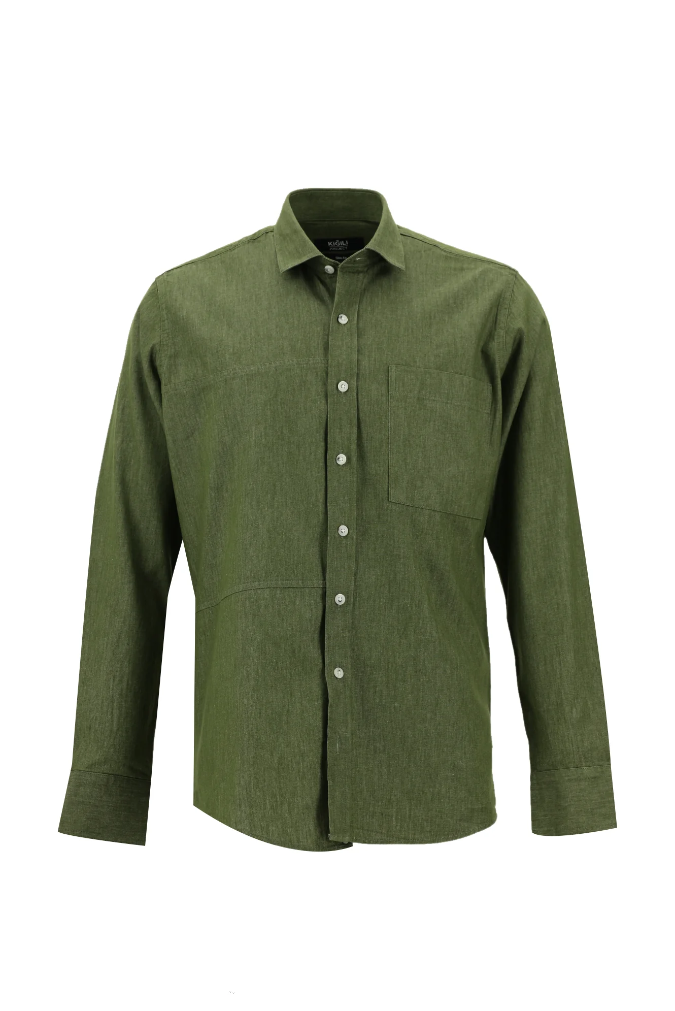 Açık Haki Uzun Kol Slim Fit Dar Kesim Denim Pamuk Gömlek