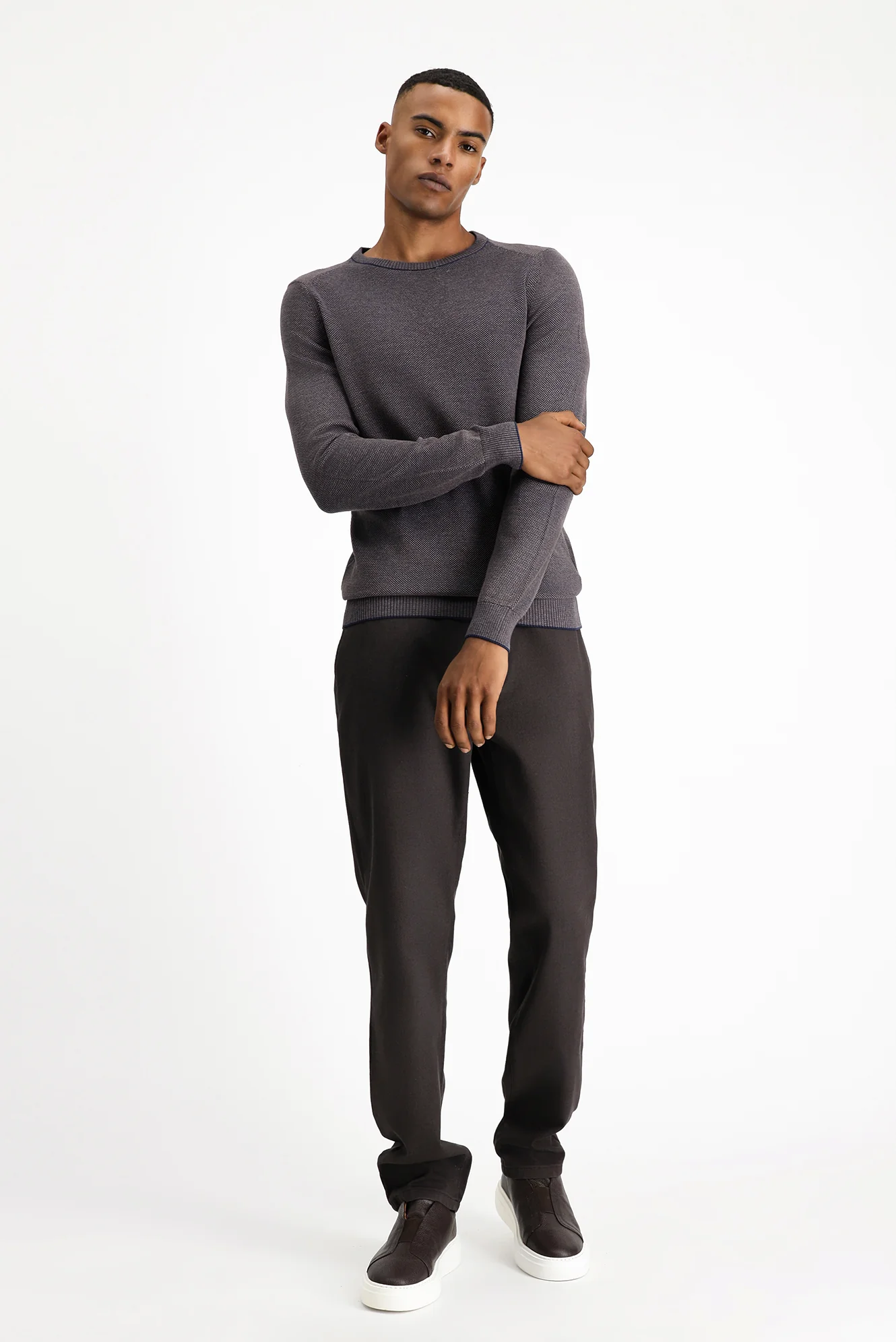 Açık Kahve Bisiklet Yaka Slim Fit Dar Kesim Pamuklu Triko Kazak