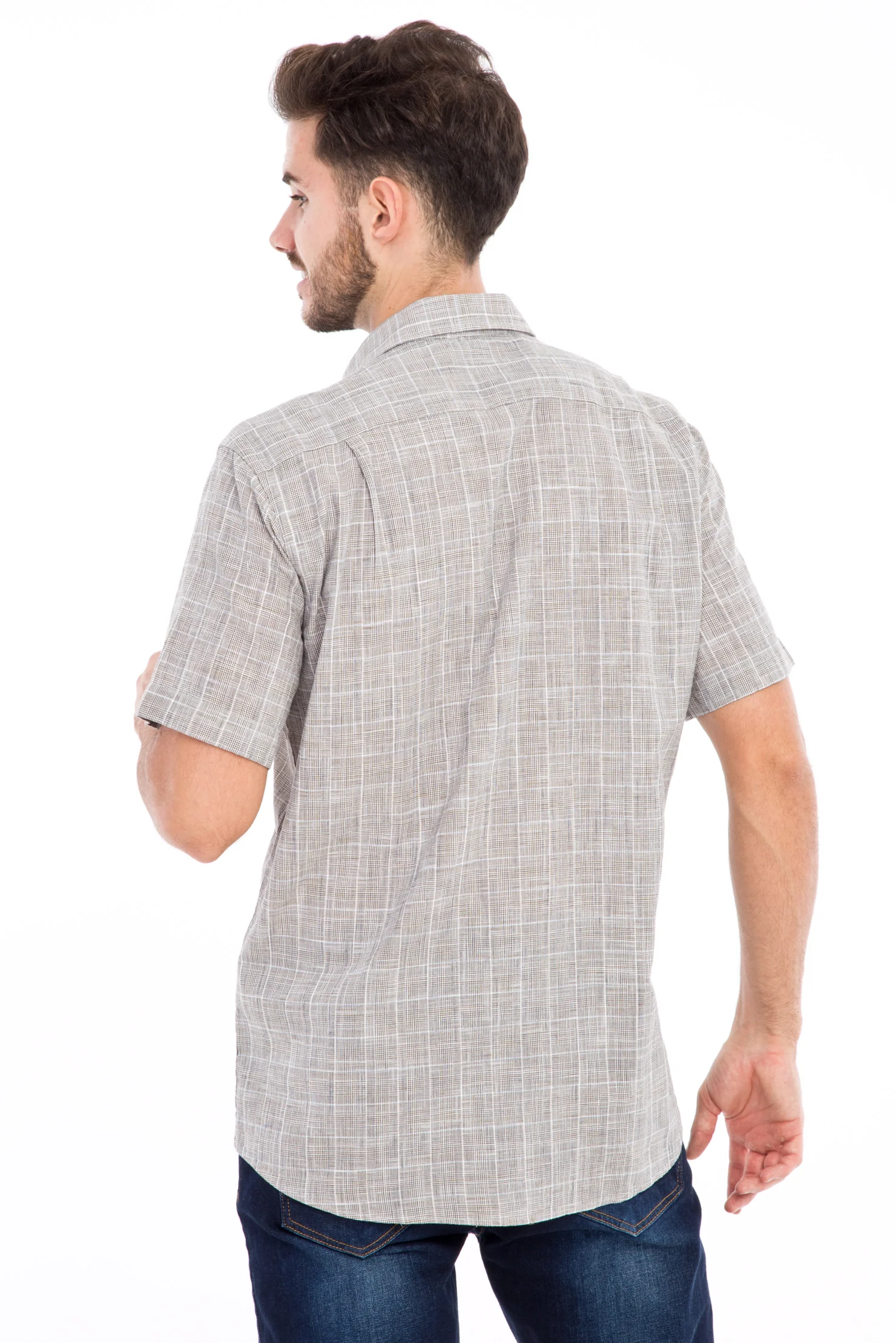 Açık Kahve - Camel Kısa Kol Regular Fit Ekose Pamuk Gömlek - Image 3