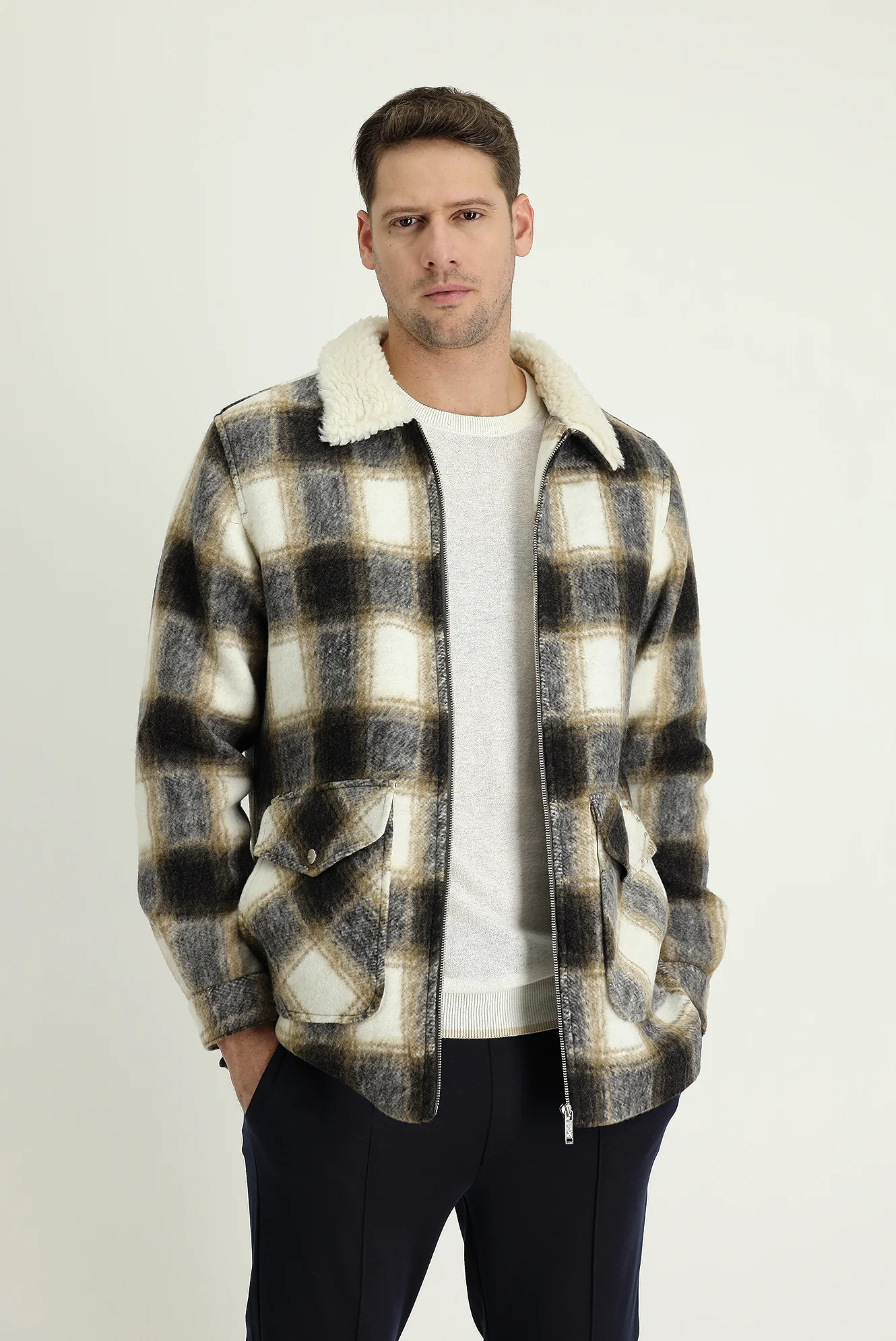 Açık Kahve Kürk Yaka Slim Fit Dar Kesim Ekose Spor Yünlü Mont