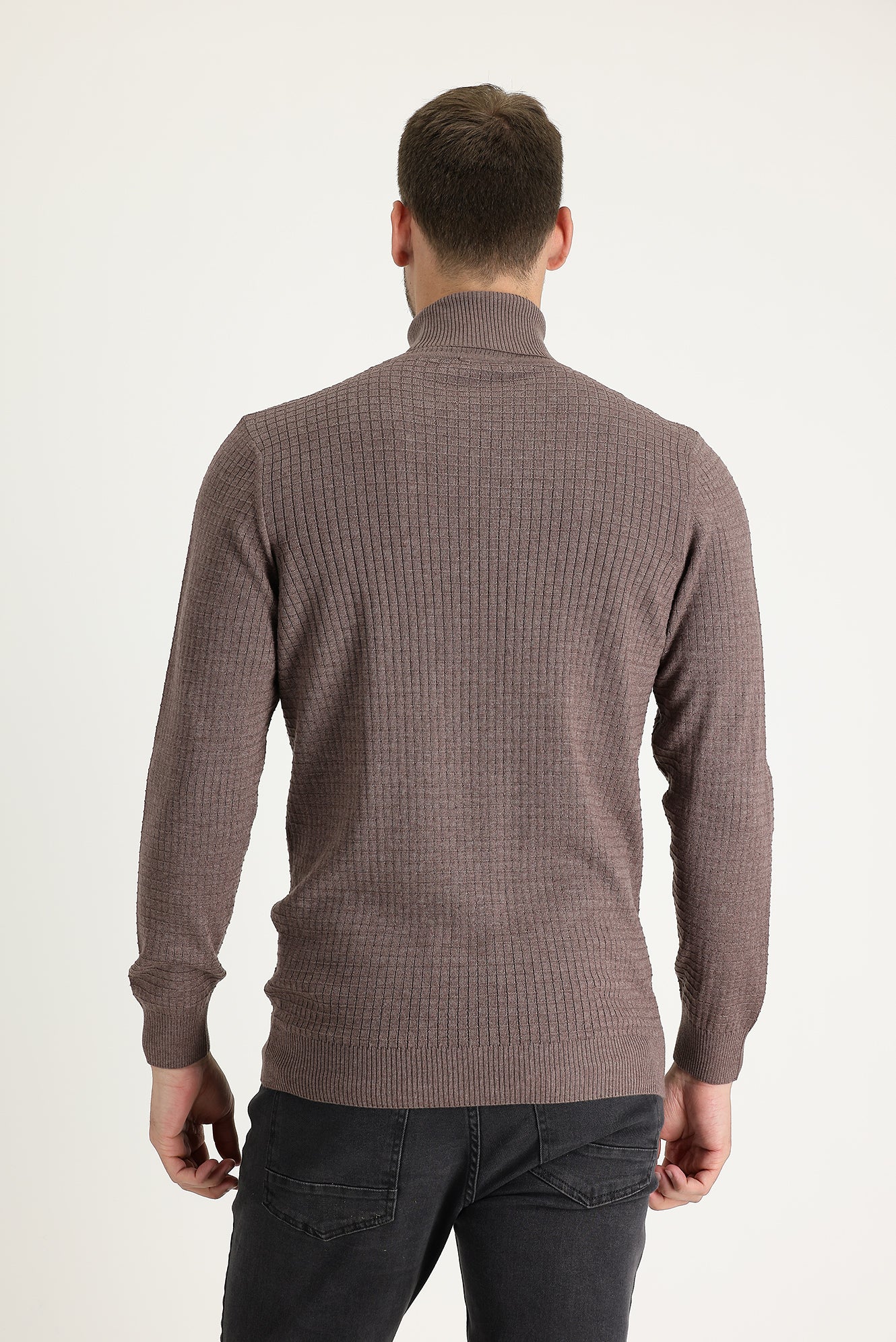 Açık Kahve Melanj Balıkçı Yaka Slim Fit Dar Kesim Desenli Triko Kazak - Image 3