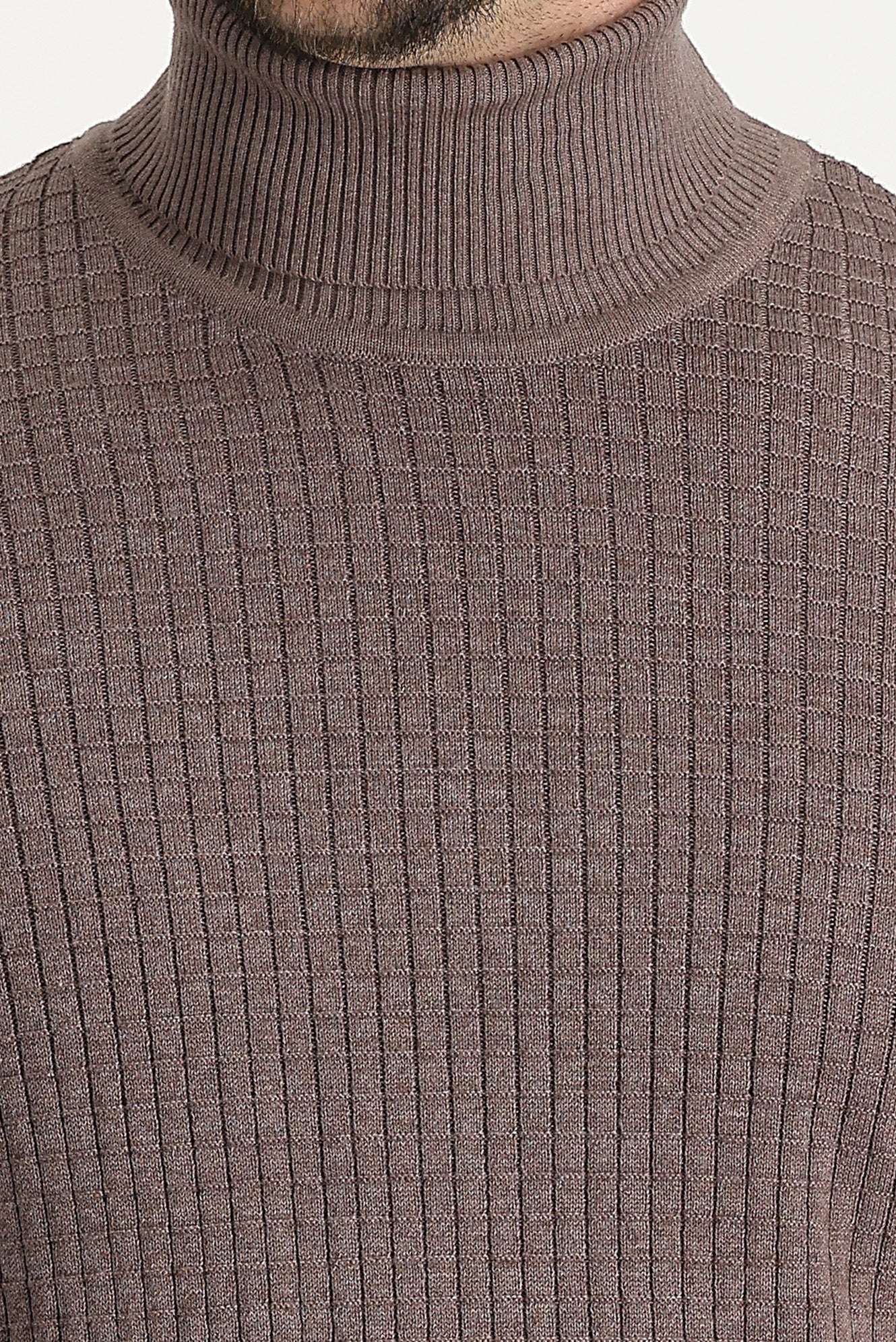 Açık Kahve Melanj Balıkçı Yaka Slim Fit Dar Kesim Desenli Triko Kazak - Image 4