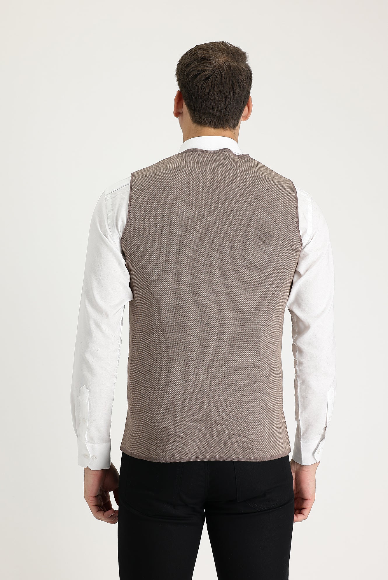 Açık Kahve Melanj Slim Fit Dar Kesim Desenli Triko Yelek - Image 3